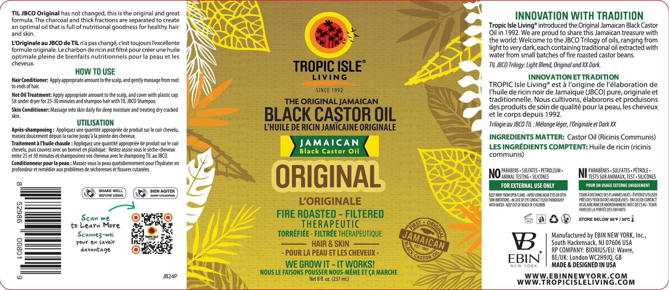 Sourcils et cils nourris avec Tropic Isle Living huile noire jamaïque