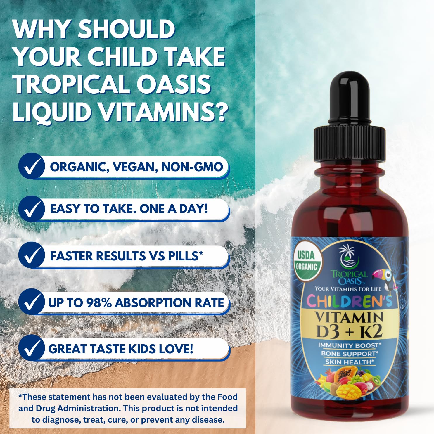 Goût agréable des gouttes Tropical Oasis D3K2, adapté à un usage quotidien