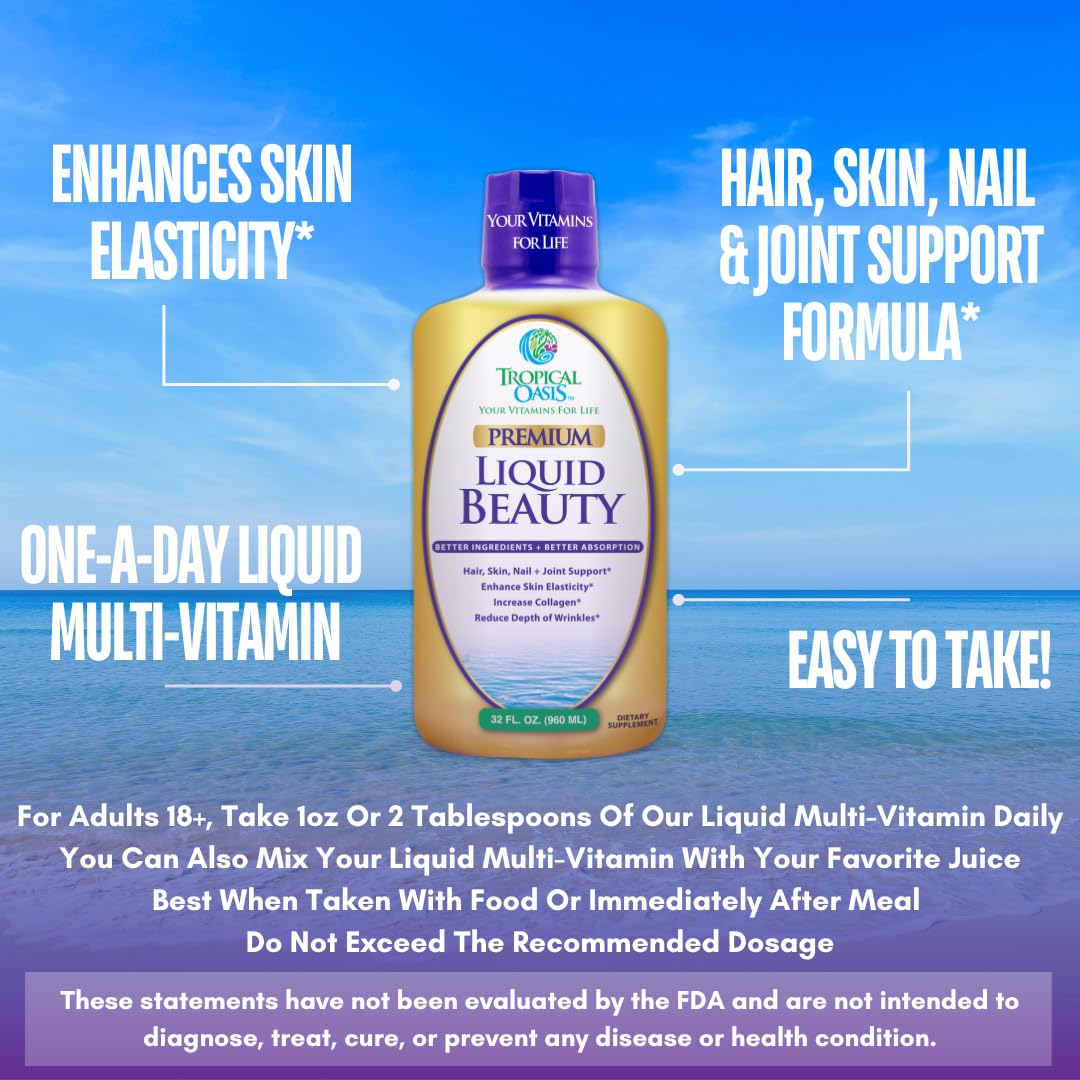 Tropical Oasis Beauté Liquide : ingrédients biotine pour soutenir la croissance des cheveux et des ongles.