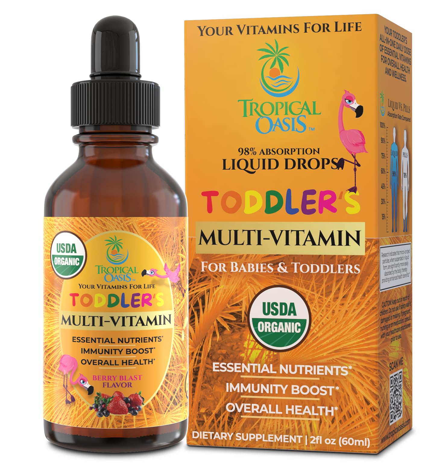 Bouteille Tropical Oasis de gouttes multivitaminées pour enfants, pratique pour le quotidien.