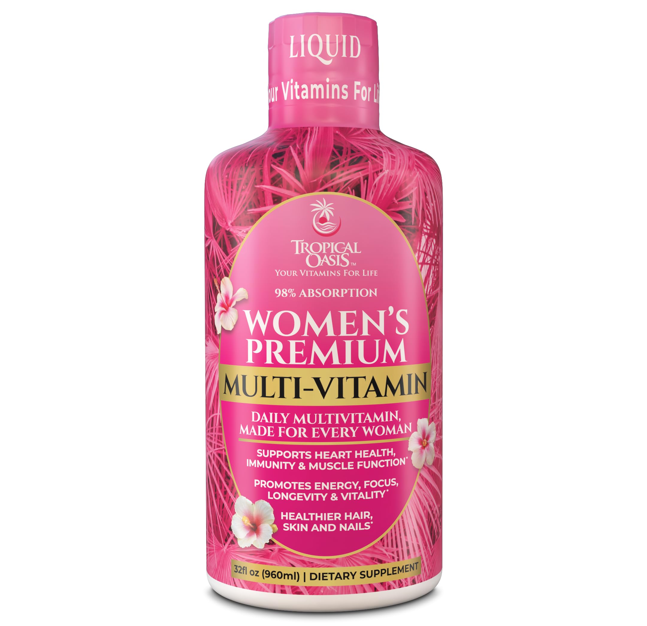 Tropical Oasis: bouteille de multivitamines liquides pour femmes, énergie et vitalité.