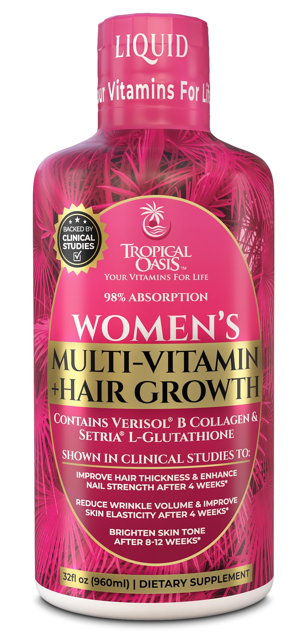 Bouteille Tropical Oasis de vitamines liquides pour femmes, soutien potentiel à l'énergie et à la peau.