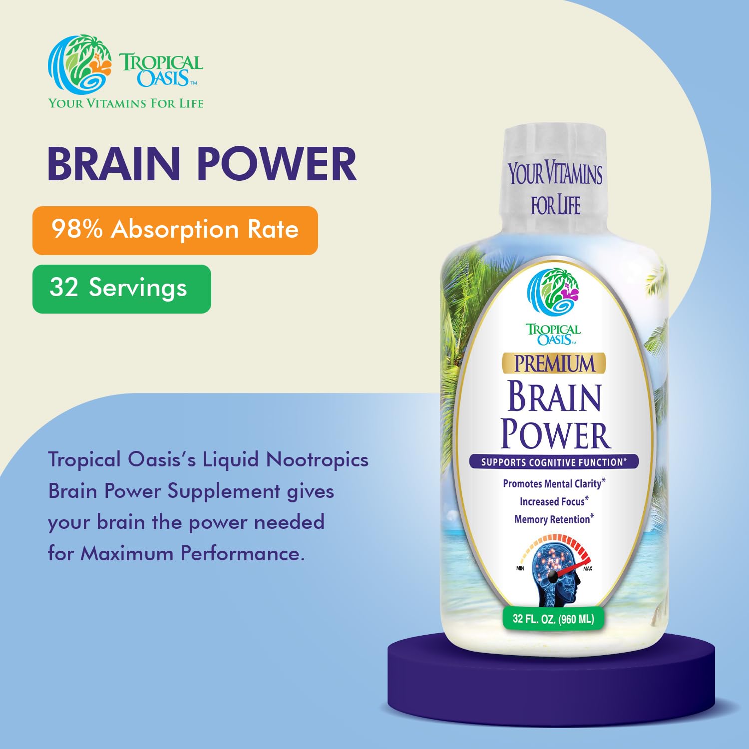 Brain Power Tropical Oasis: emballage certifié GMP et fabrication américaine.