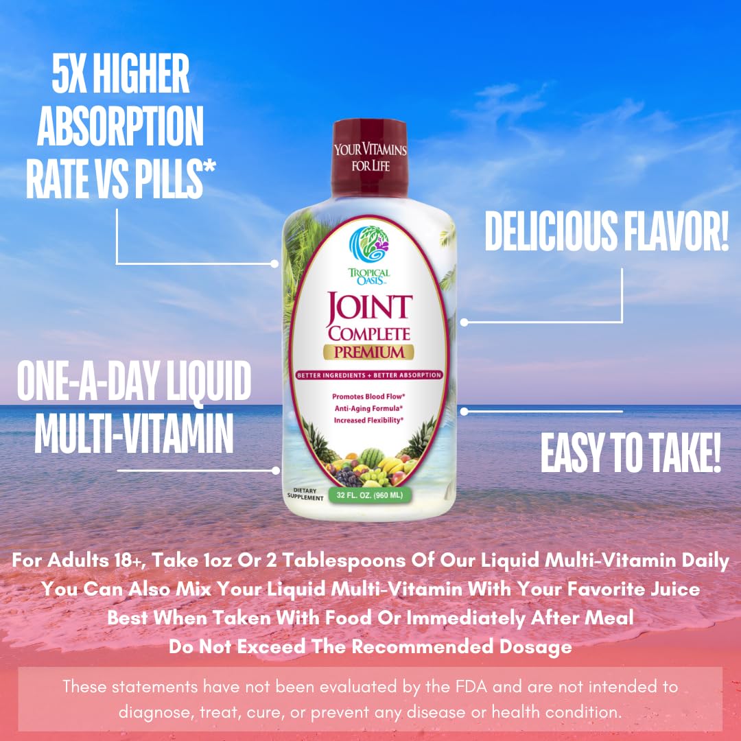 Tropical Oasis Joint Complete Premium: close-up des composants glucosamine-chondroïtine et acide hyaluronique.