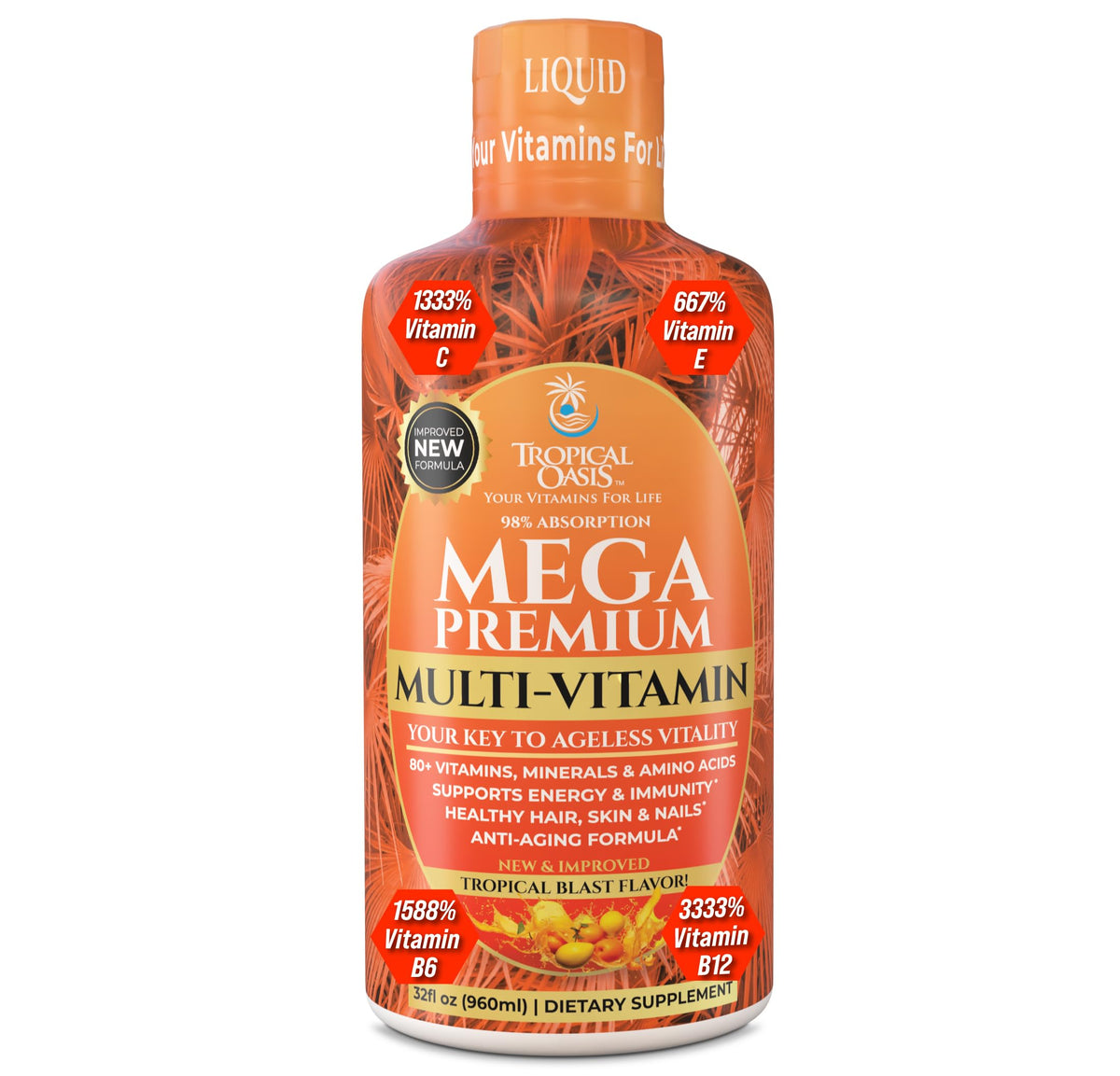 Bouteille Tropical Oasis Mega Premium Multivitamine prête à l’emploi, soutien potentiel à l’énergie.