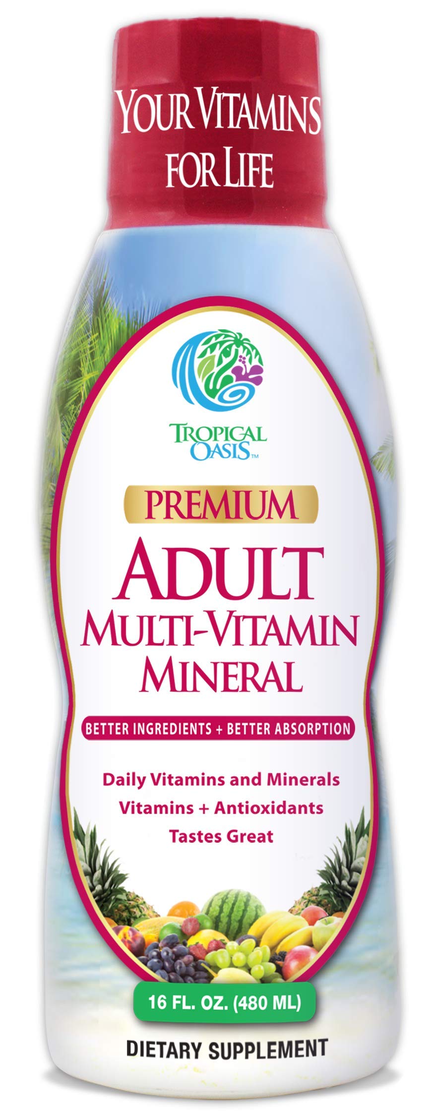 Tropical Oasis Multivitamine Liquide: bouteille prête pour une supplémentation quotidienne.