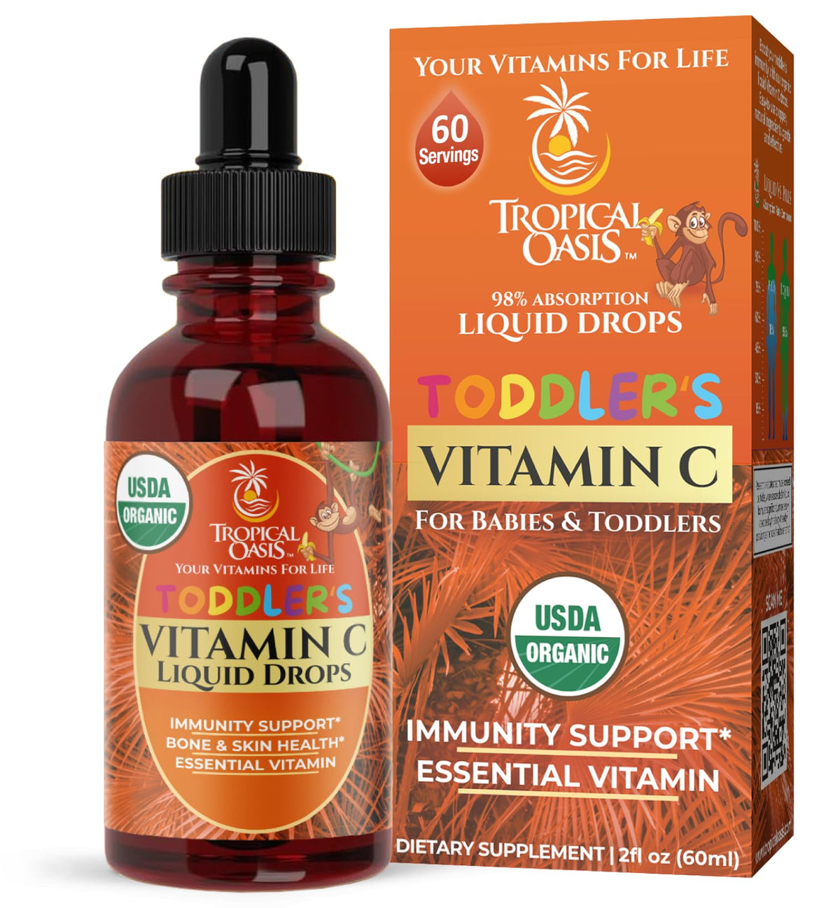 Bouteille Tropical Oasis Vitamine C pour tout-petits, goût banane, prise facile.