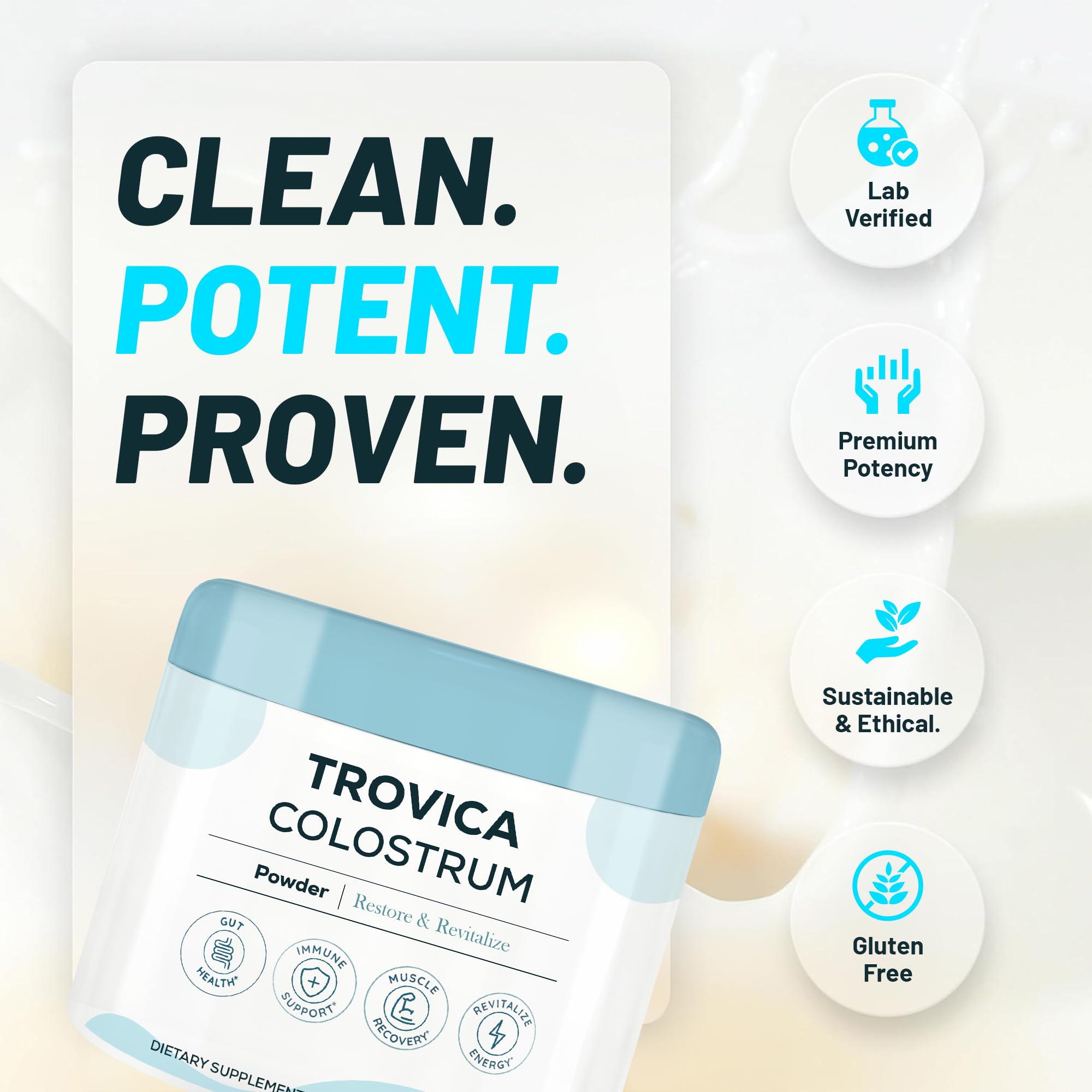 TROVICA Colostrum préparation-verre : dissolution rapide dans l'eau.