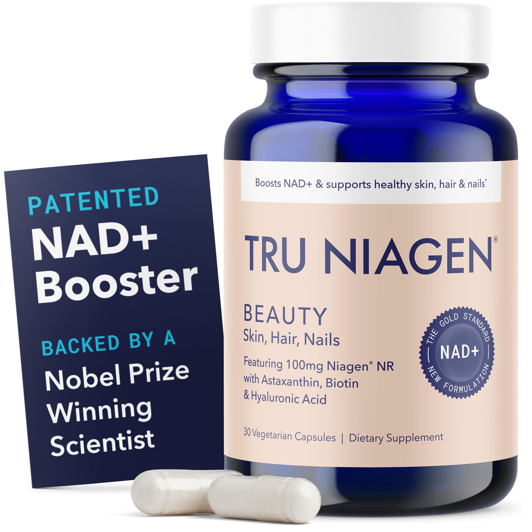 TRU NIAGEN Beauté Nad Plus — bouteille de caplets, soutien potentiel à l'élasticité et à l'hydratation.