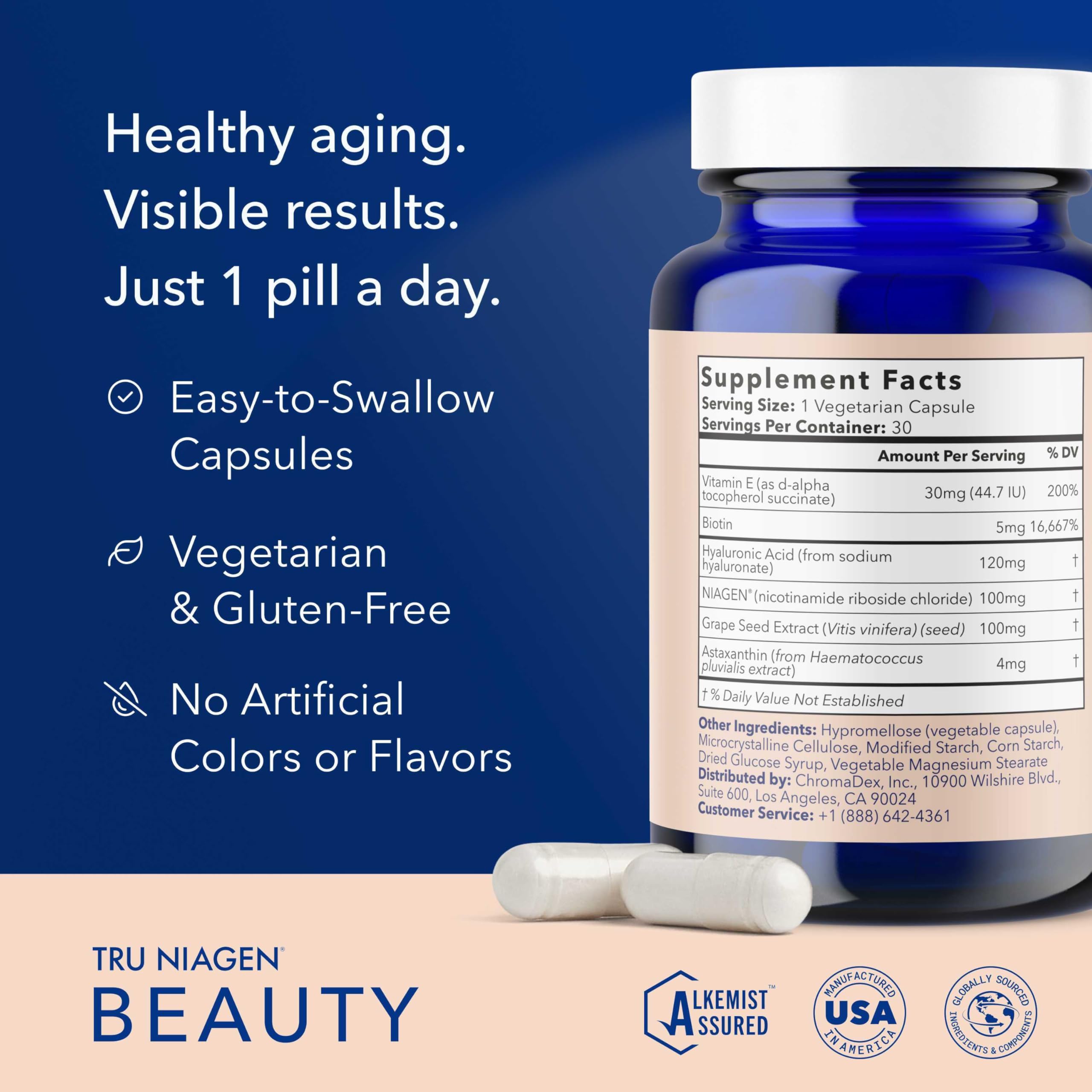 TRU NIAGEN Beauté Nad Plus — extrait-grains-raisin, antioxydant pour l'élasticité et l'hydratation.