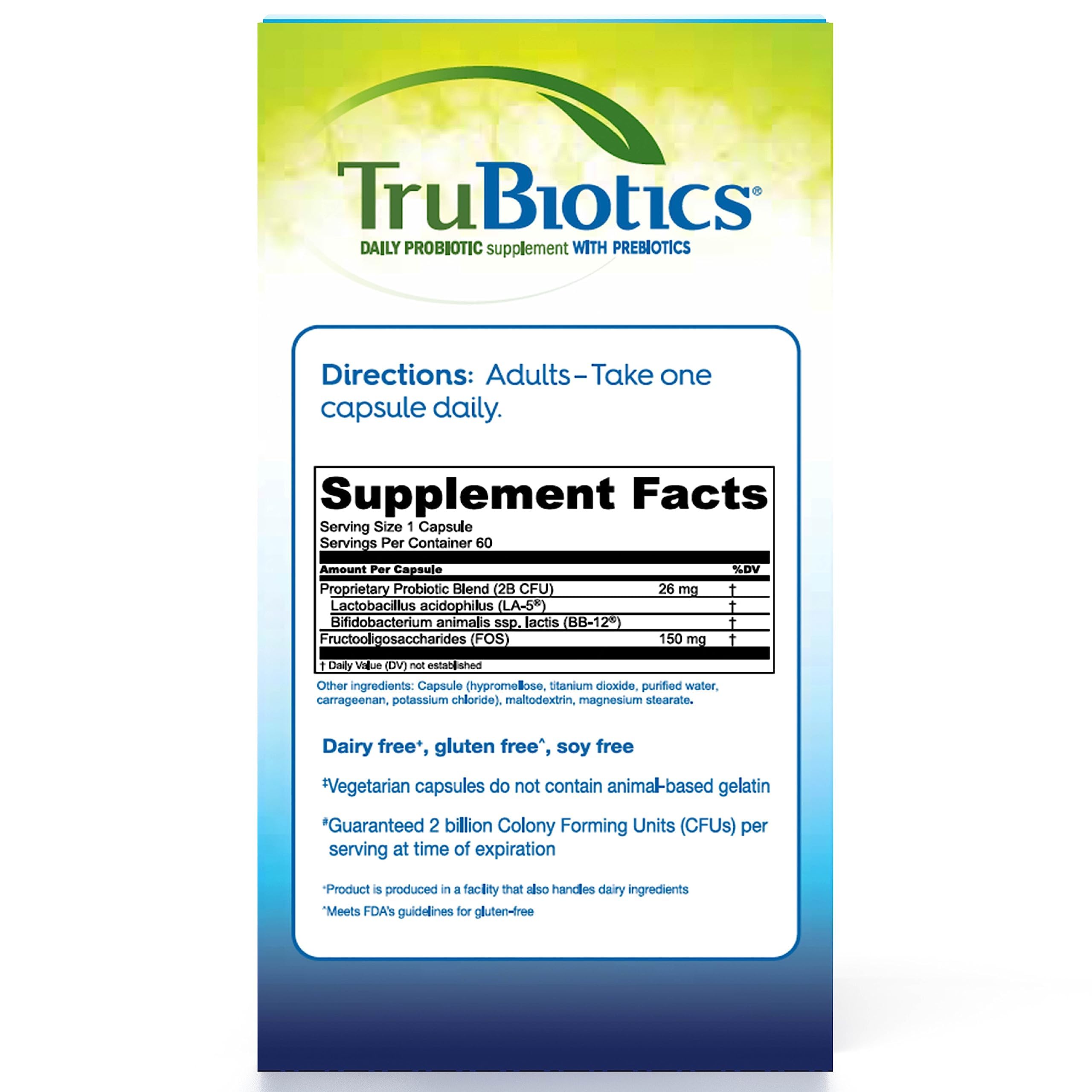 TruBiotics, bouchon et emballage, formulation sans produits laitiers et adaptée à l'immunité.