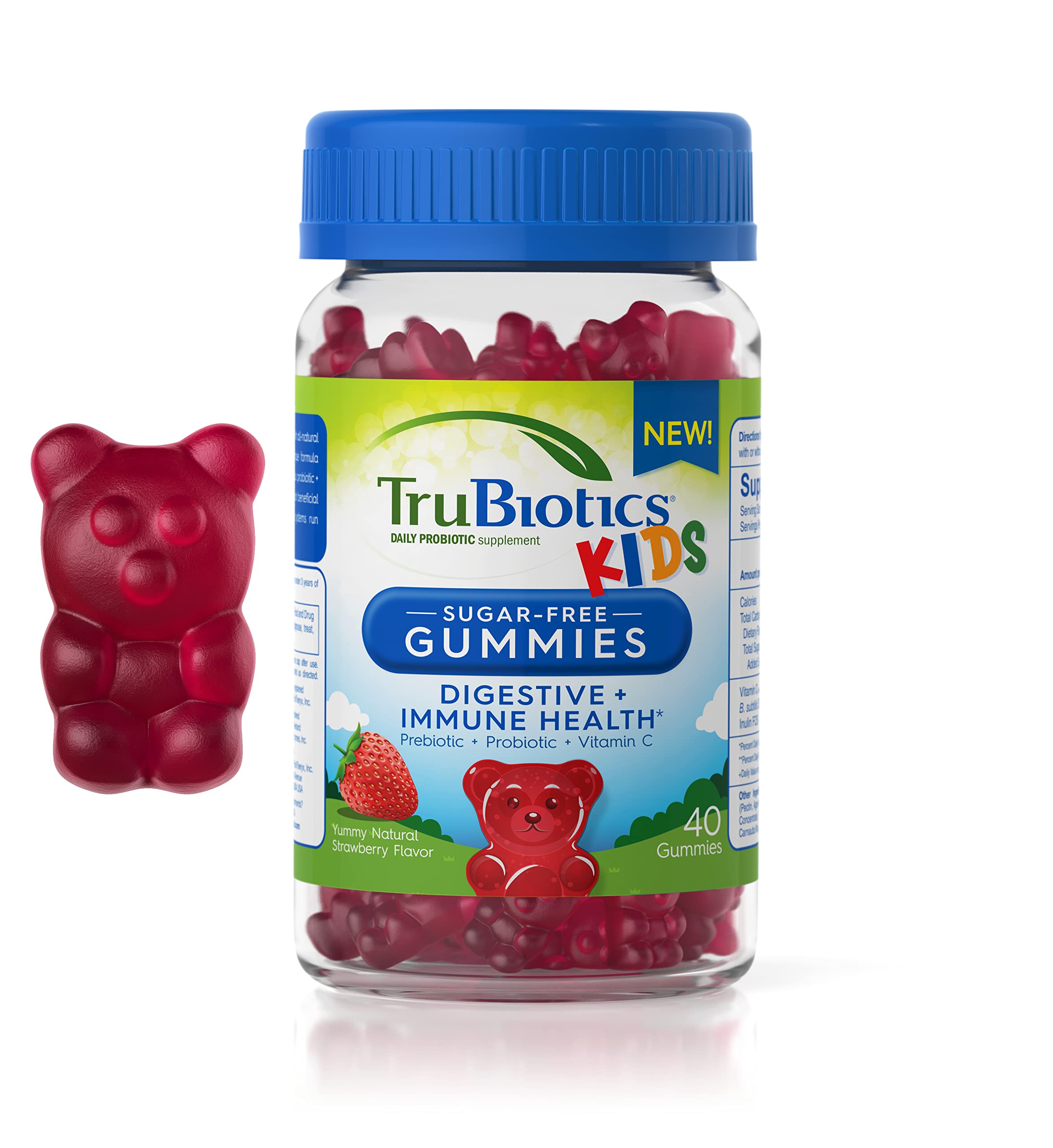 Boîte TruBiotics pour enfants avec gommes saveur fraise et conseils d’utilisation.