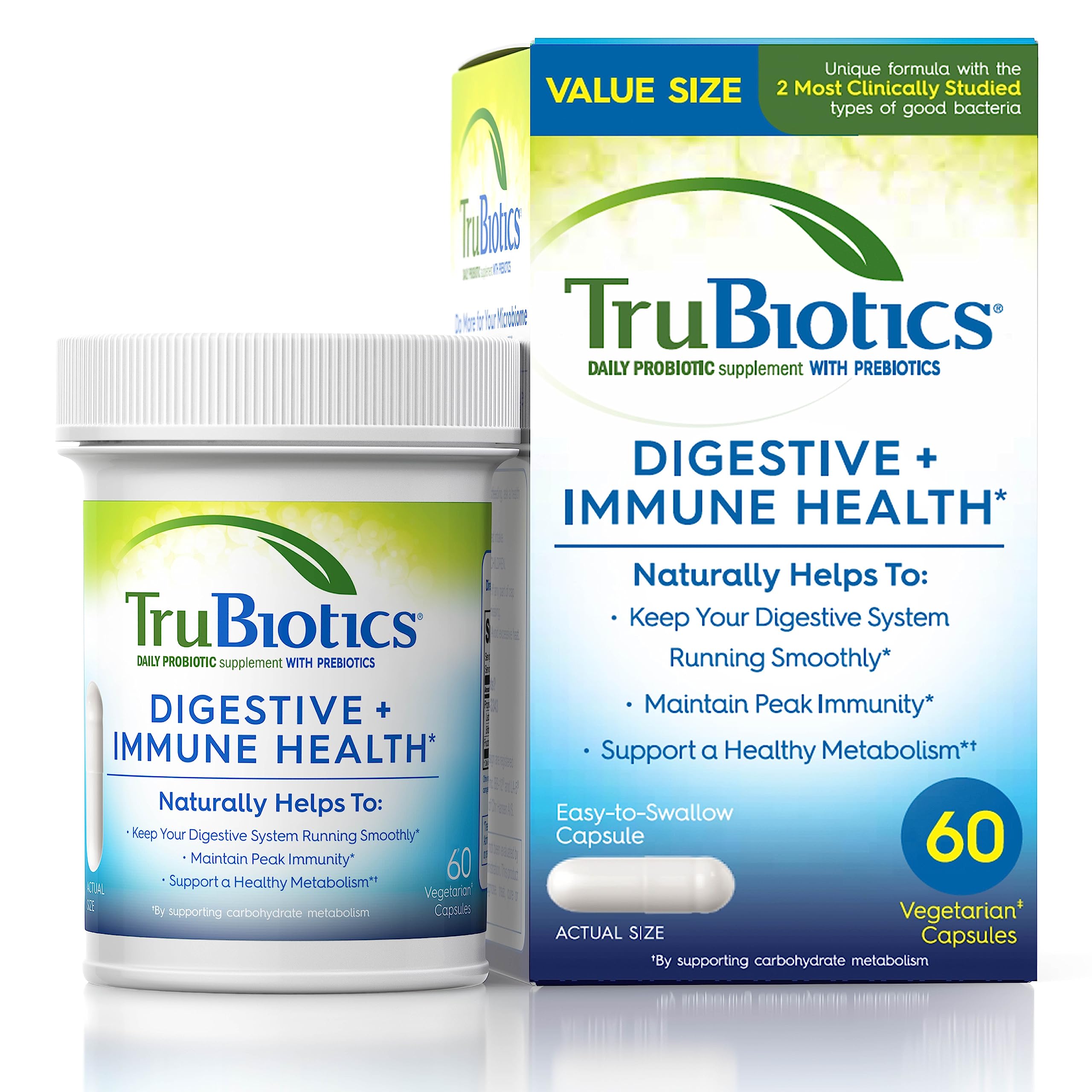 TruBiotics, bouteille de capsules, soutien digestion régulière et confort intestinal.
