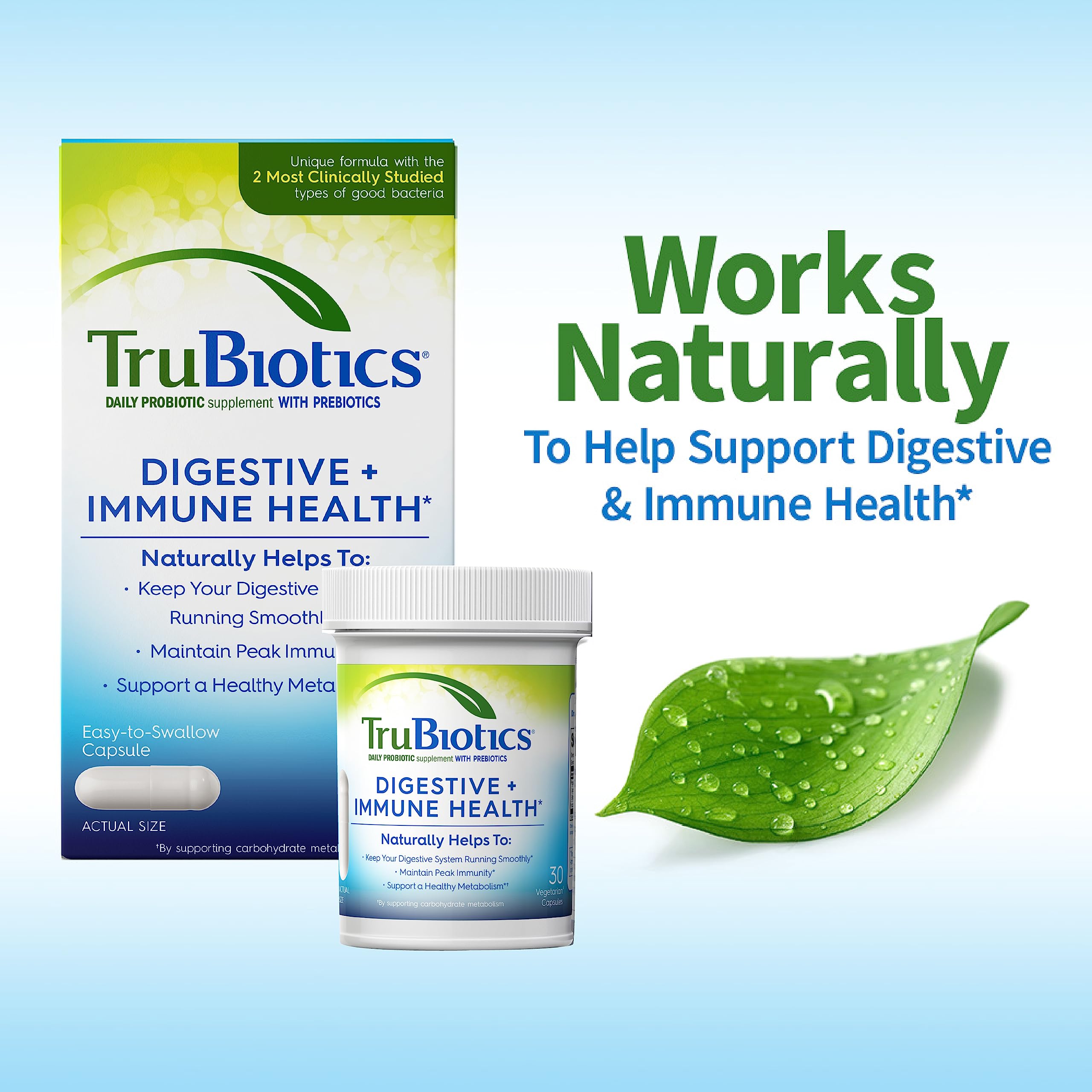 TruBiotics, étiquette claire, ingrédients ciblés pour la santé digestive et immunitaire.