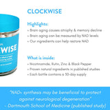 Ingrédients nicotinamide dans Clockwise, potentiel soutien énergétique.