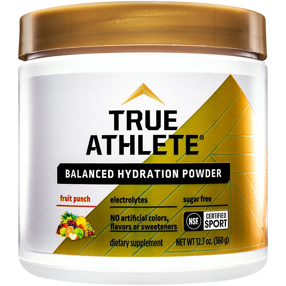 True Athlete Poudre hydratation équilibrée saveur fruits, idéale avant séance.