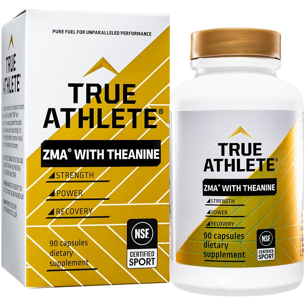 True Athlete ZMA + L Theanine – bouteille de 90 capsules prête à l’emploi nocturne.