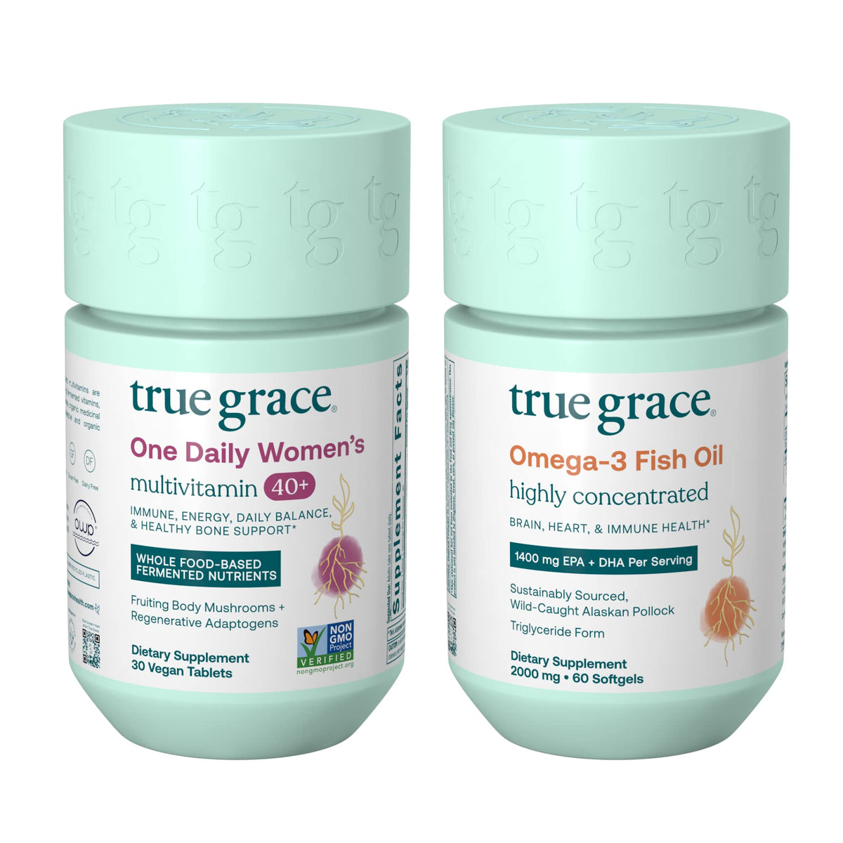 True Grace – Bouteille multivitamines 40+ montrant des comprimés végétaliens et un soutien quotidien.