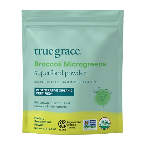 True Grace poudre brocoli micro-pousses, riche en nutriments pour l'énergie quotidienne.