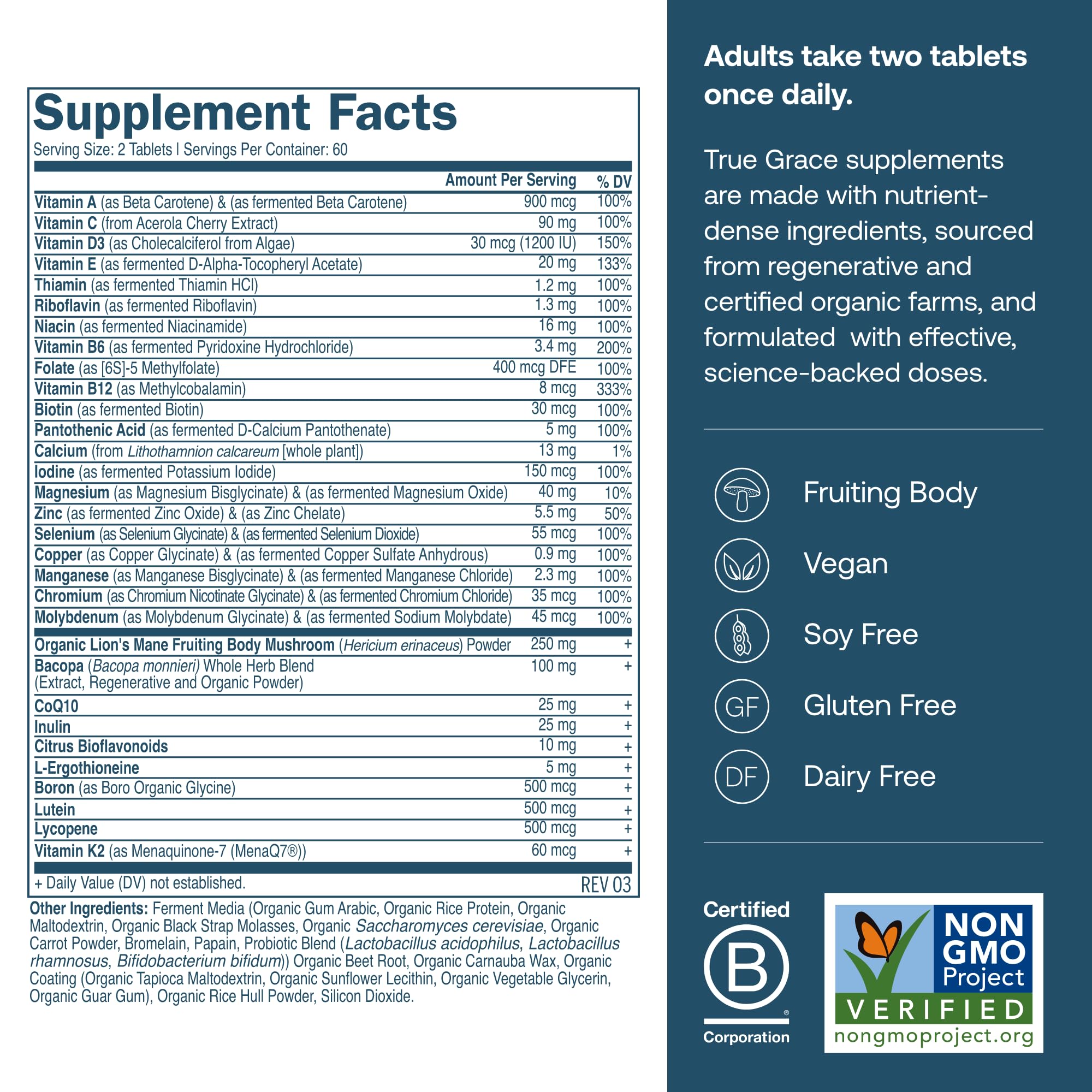 True Grace Multivitamine Quotidienne — ingrédients clés pour énergie et vitalité.