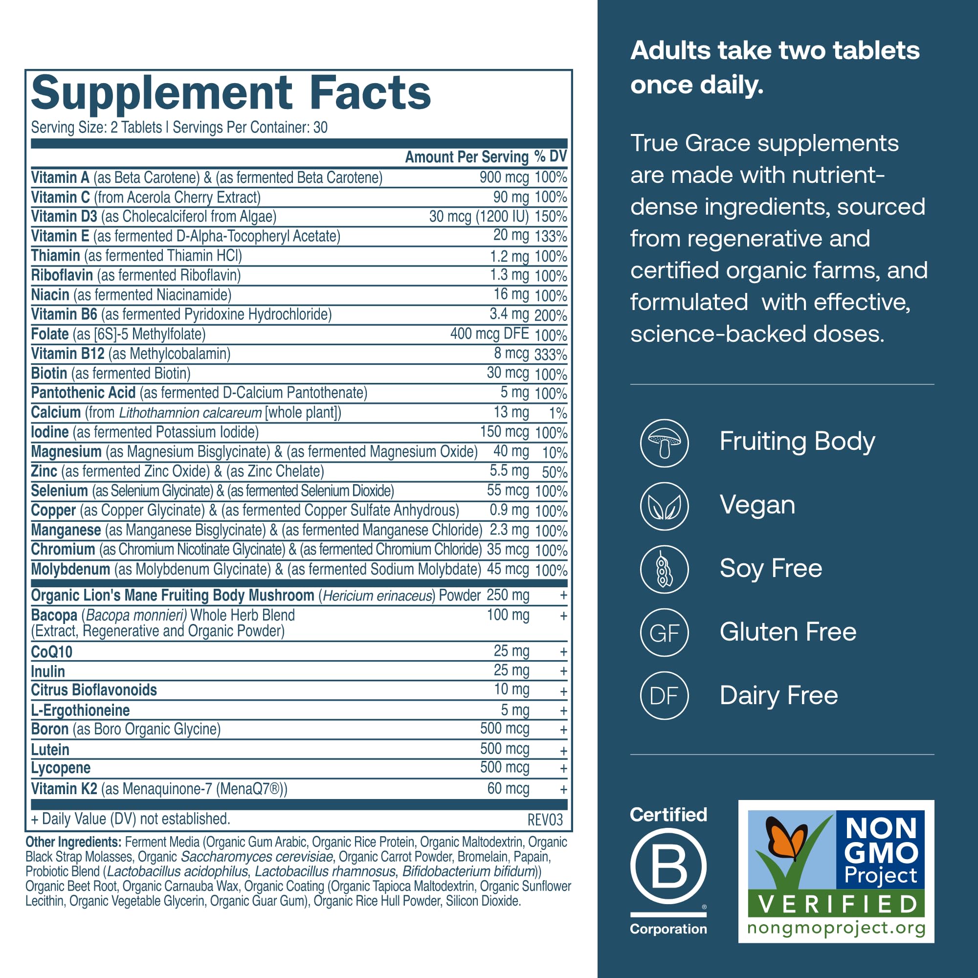 Comprimés du True Grace Daily Multivitamine, faciles à avaler et adaptés à une routine masculine 50+