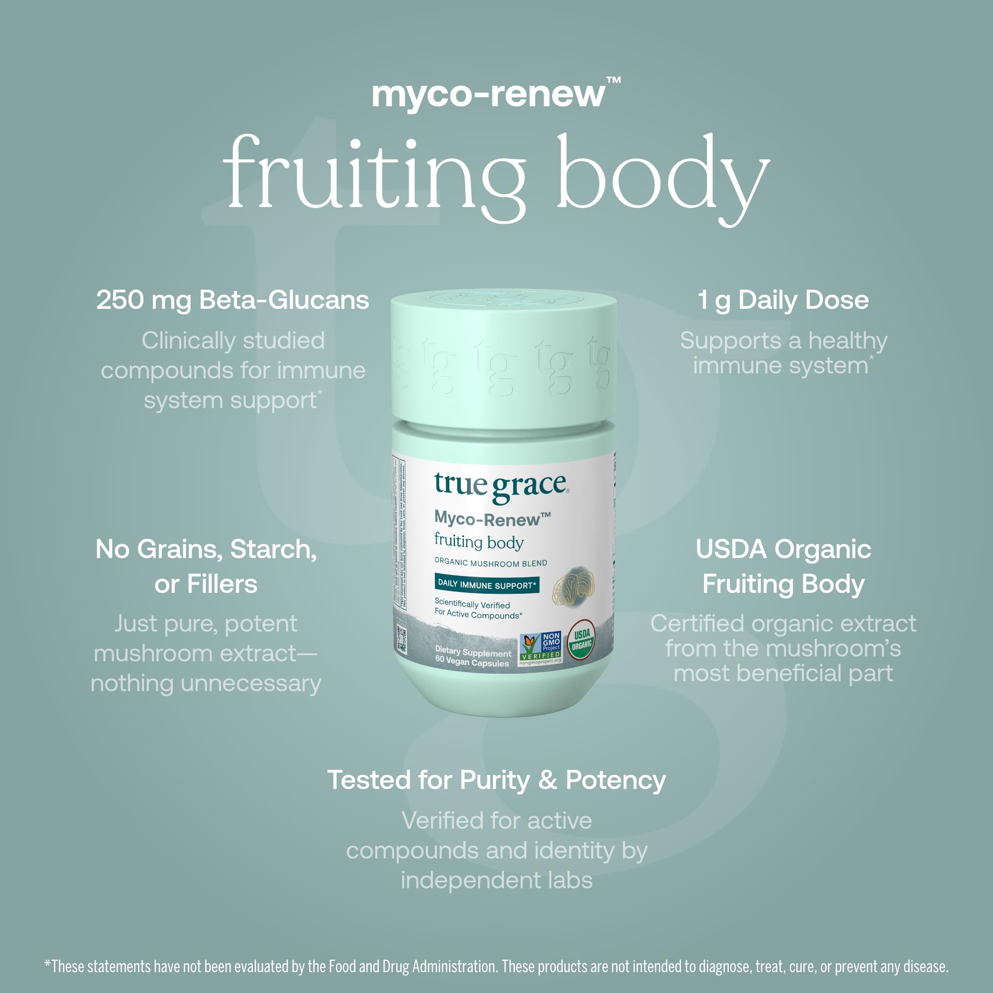True Grace Mushroom Myco-Renew : étiquette lisible facilitant le choix des ingrédients.