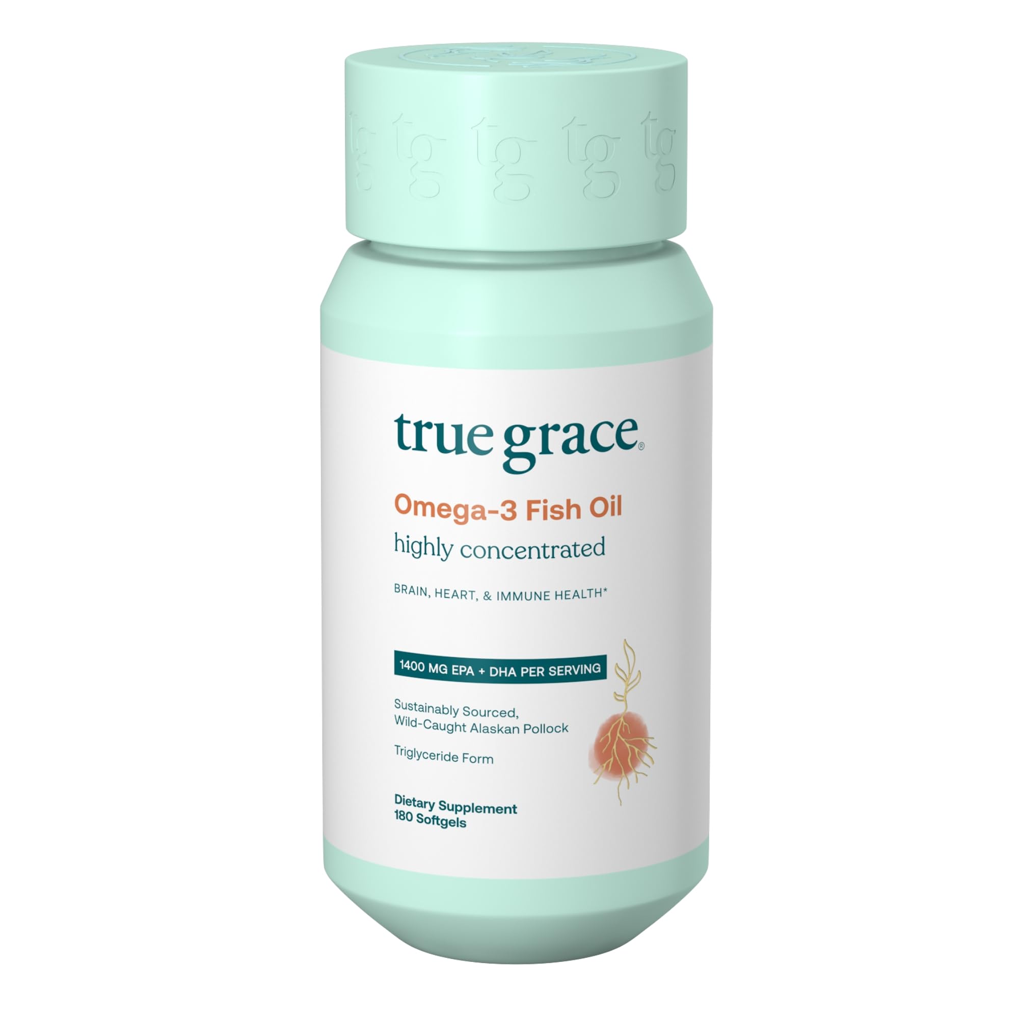 True Grace Omega-3: bouteille-gelules prête pour usage quotidien.