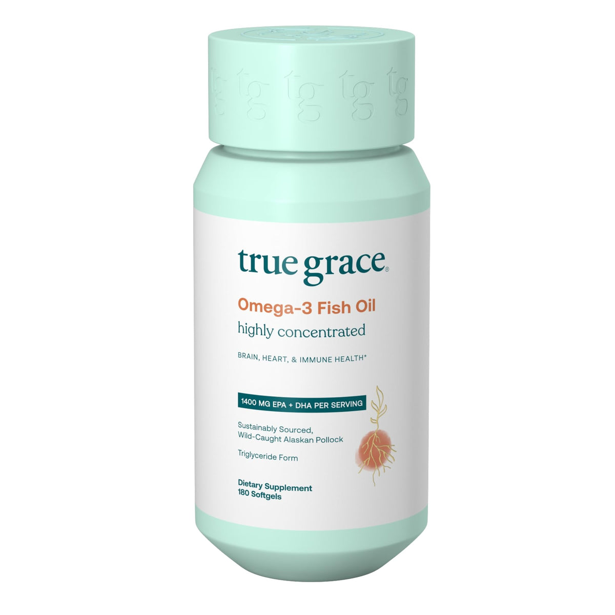 True Grace Omega-3: bouteille-gelules prête pour usage quotidien.