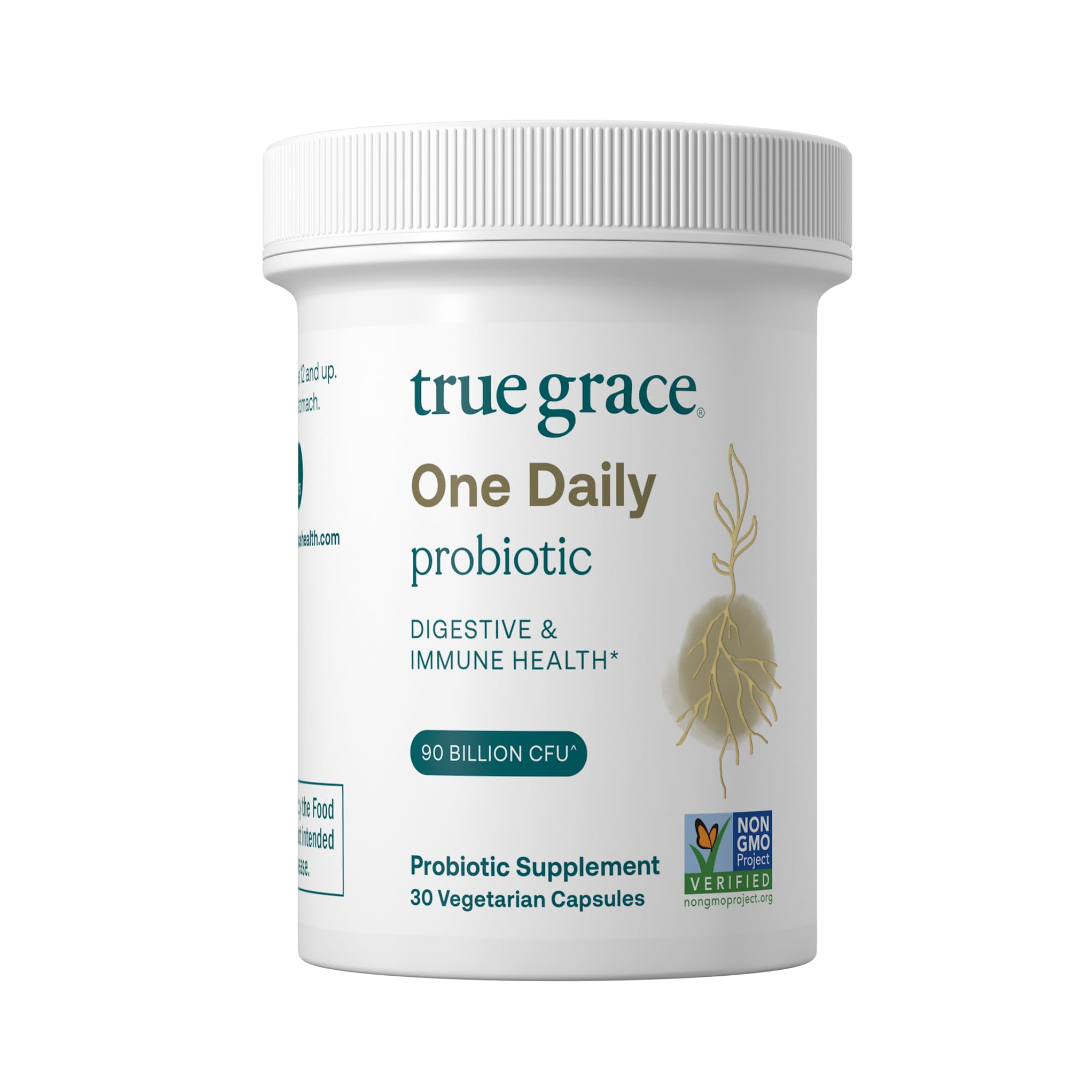 True Grace One Daily Probiotic – bouteille végétarienne prête pour une routine intestinale équilibrée.