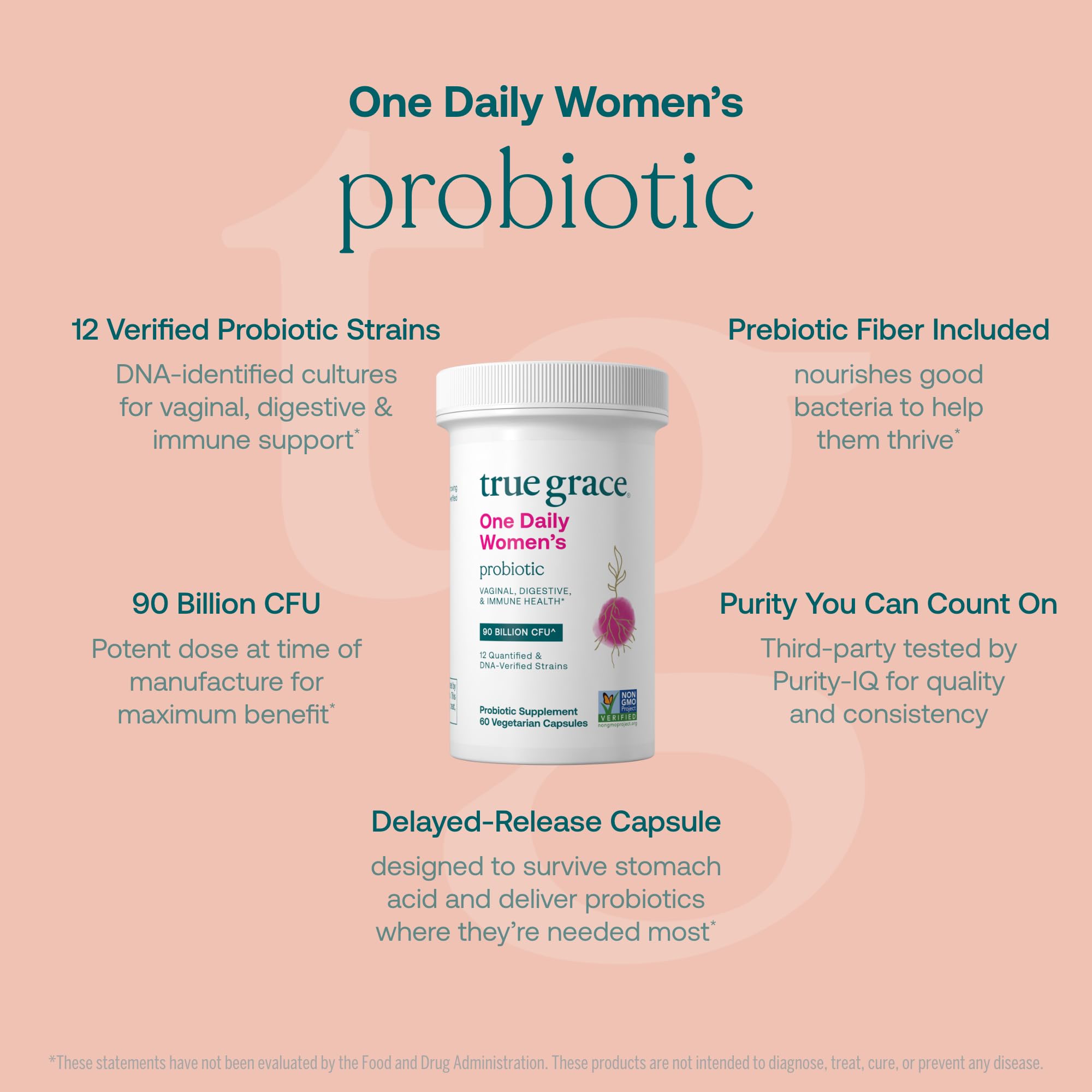 True Grace One Daily Probiotique – emballage: transparence sur les ingrédients et les quantités.
