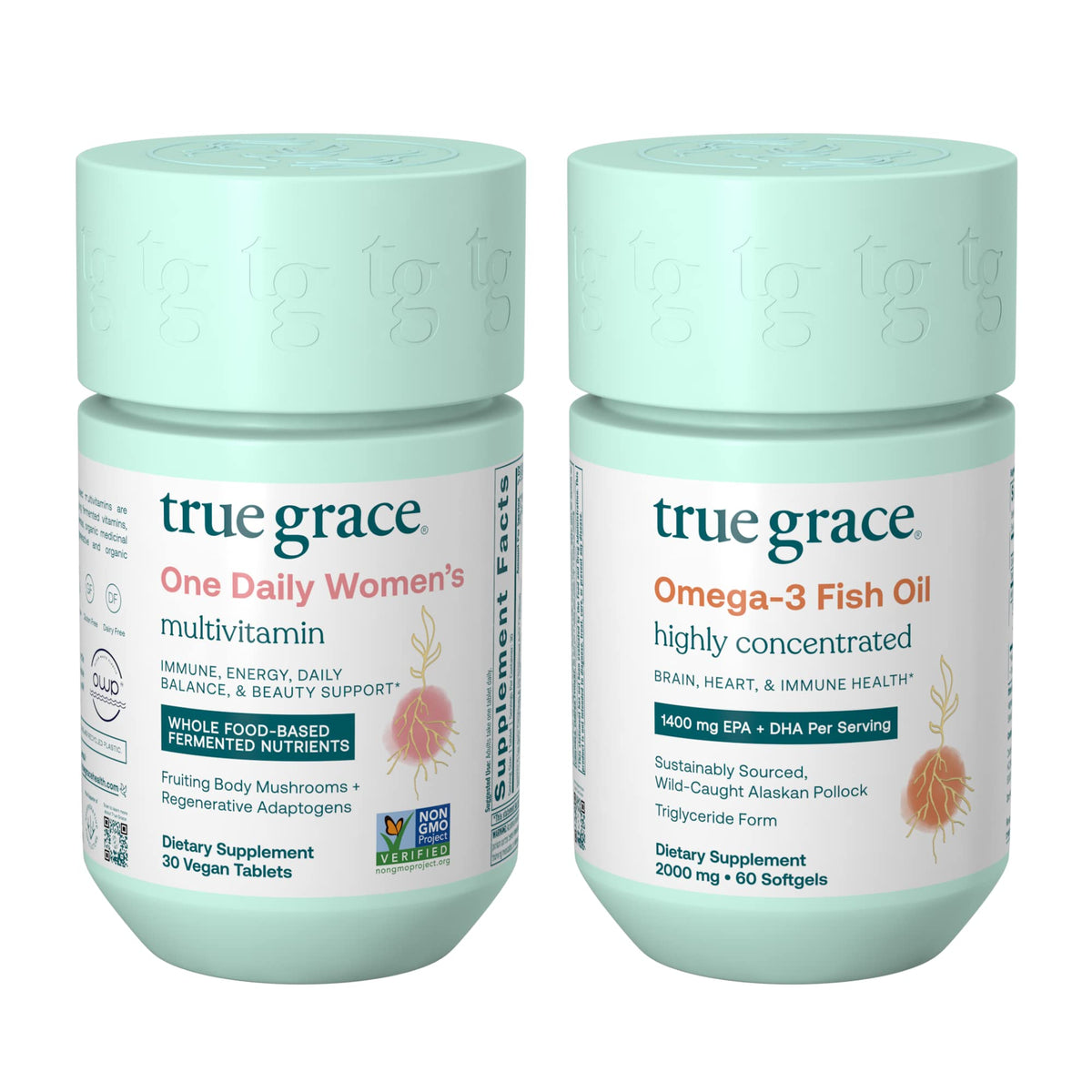 Vitamines féminines True Grace en bouteille végan, énergie et vitalité quotidiennes.