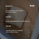 True Nutrition protéine œuf blanc détail poudre, texture fine et pureté.