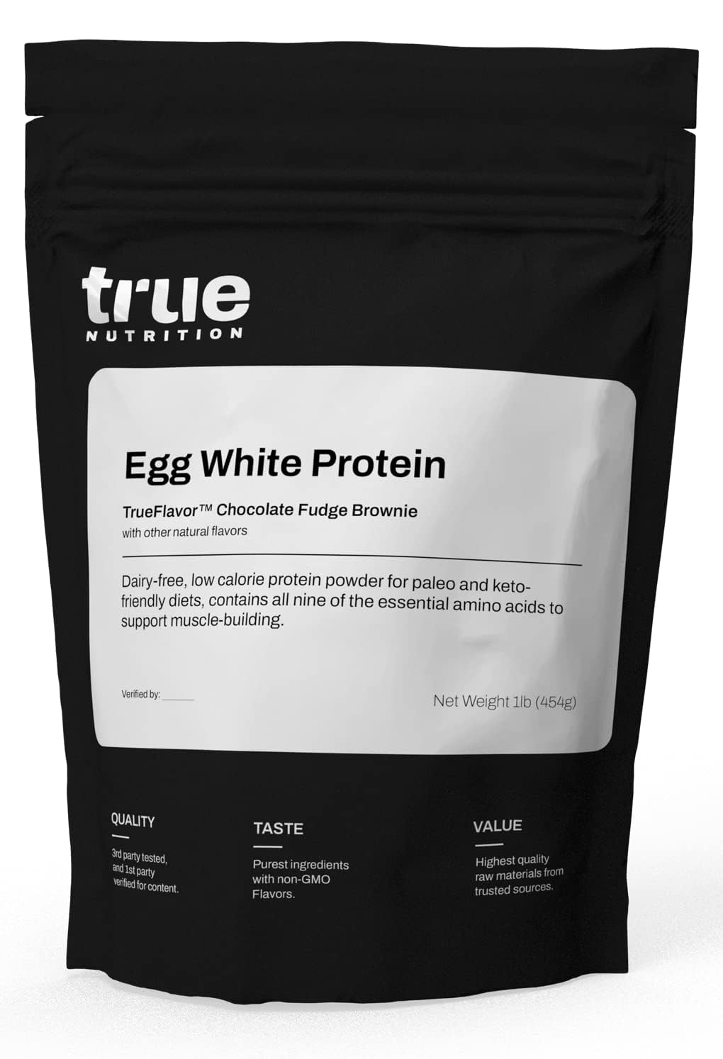 True Nutrition protéine œuf blanc emballage, poudre à faible glucide et démarrages faciles.