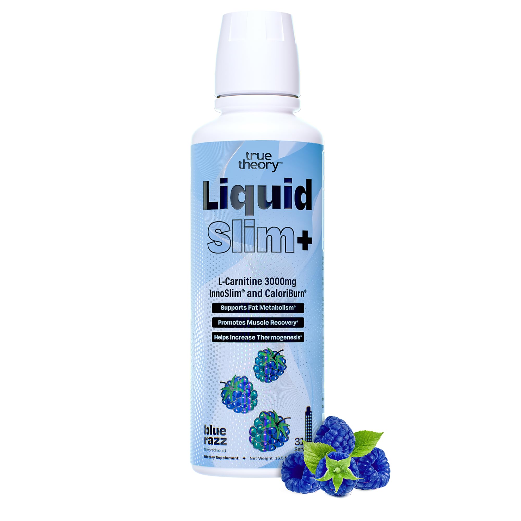True Theory Liquid Slim, bouteille bleu-framboise prête à emporter sans effort.