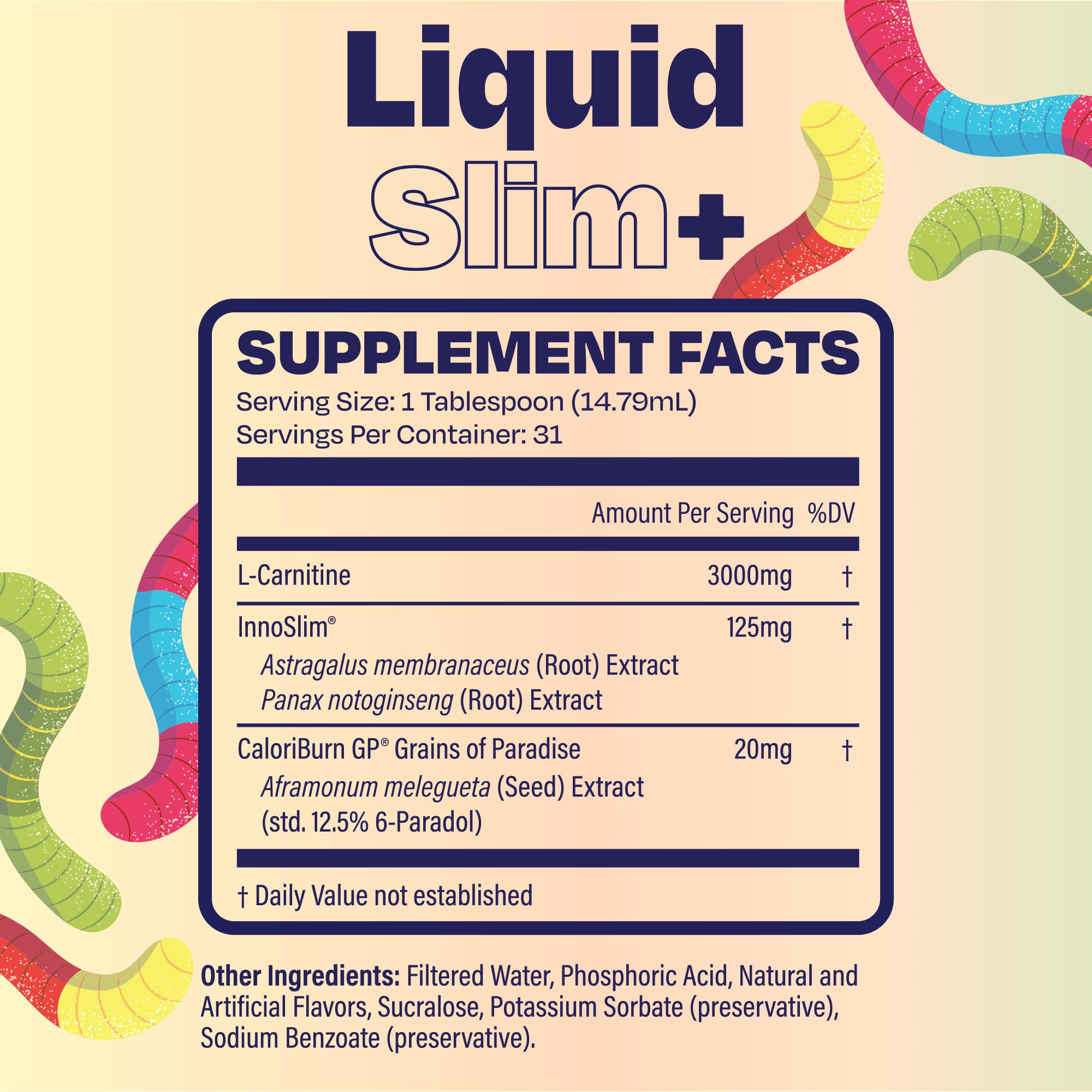 Étiquette True Theory Liquid Slim affichant l’arôme Sour Gummy Worms