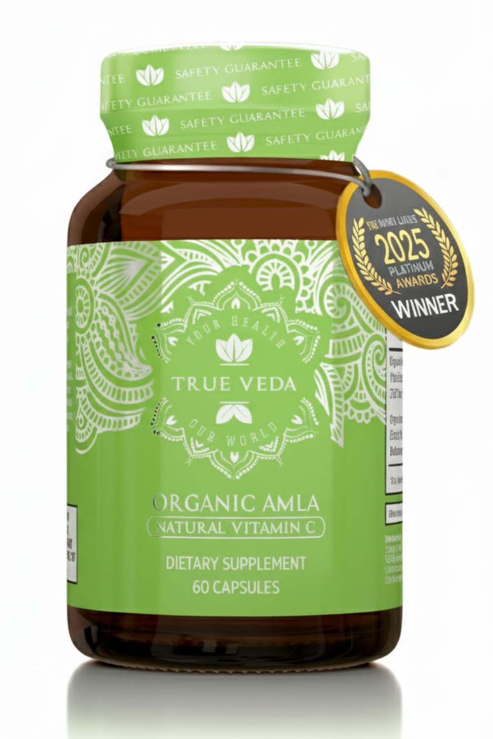 True Veda Amla, capsules dans une bouteille, énergie naturelle et vitamine C biologique.