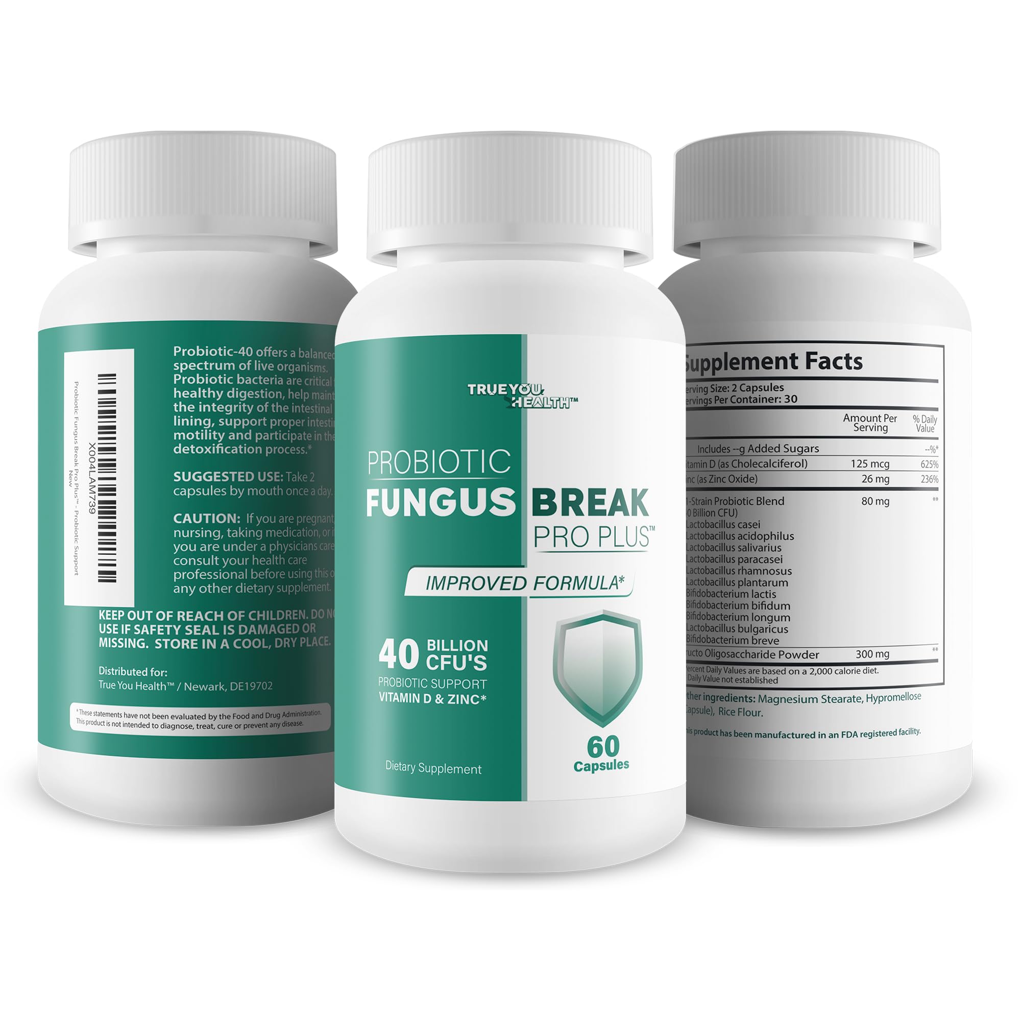True You Health Probiotic Fungus Break Plus – Gélules au goût neutre, faciles à intégrer au rituel quotidien.