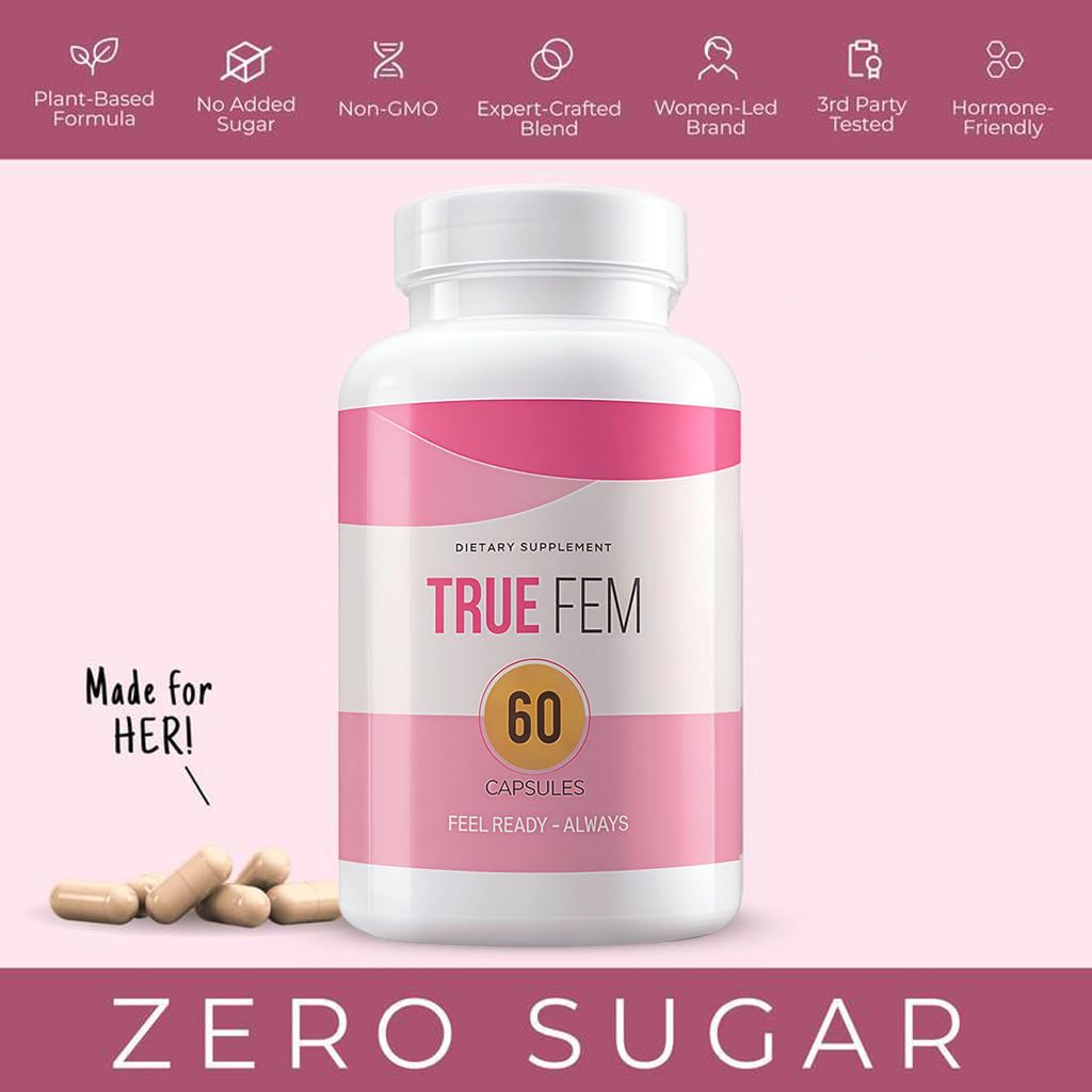 TRUE FEM 13-en-1 capsules, ingrédients végétaux visibles et formule naturelle