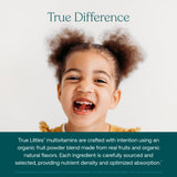 Mélange fruits biologiques dans les gommes True Littles pour un goût naturel.