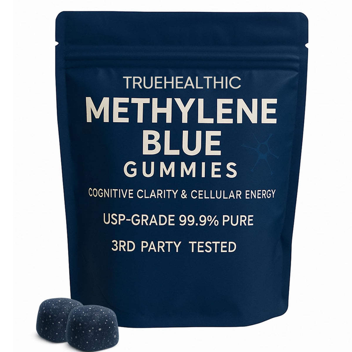 TRUEHEALTHIC gommes bleues de méthylène dans une bouteille pratique pour la routine quotidienne.