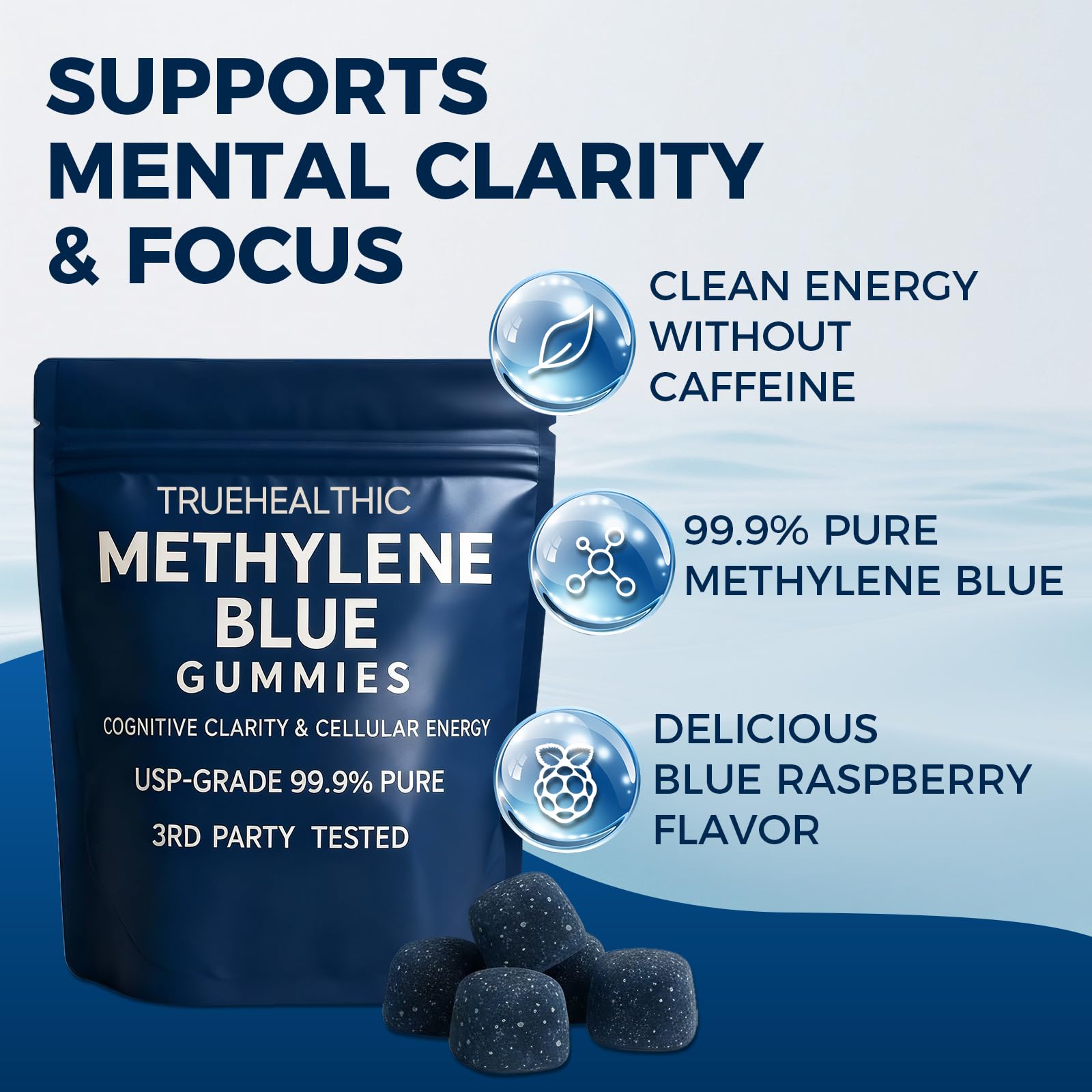 TRUEHEALTHIC gommes-packaging: emballage clair facilite la lecture des bénéfices.