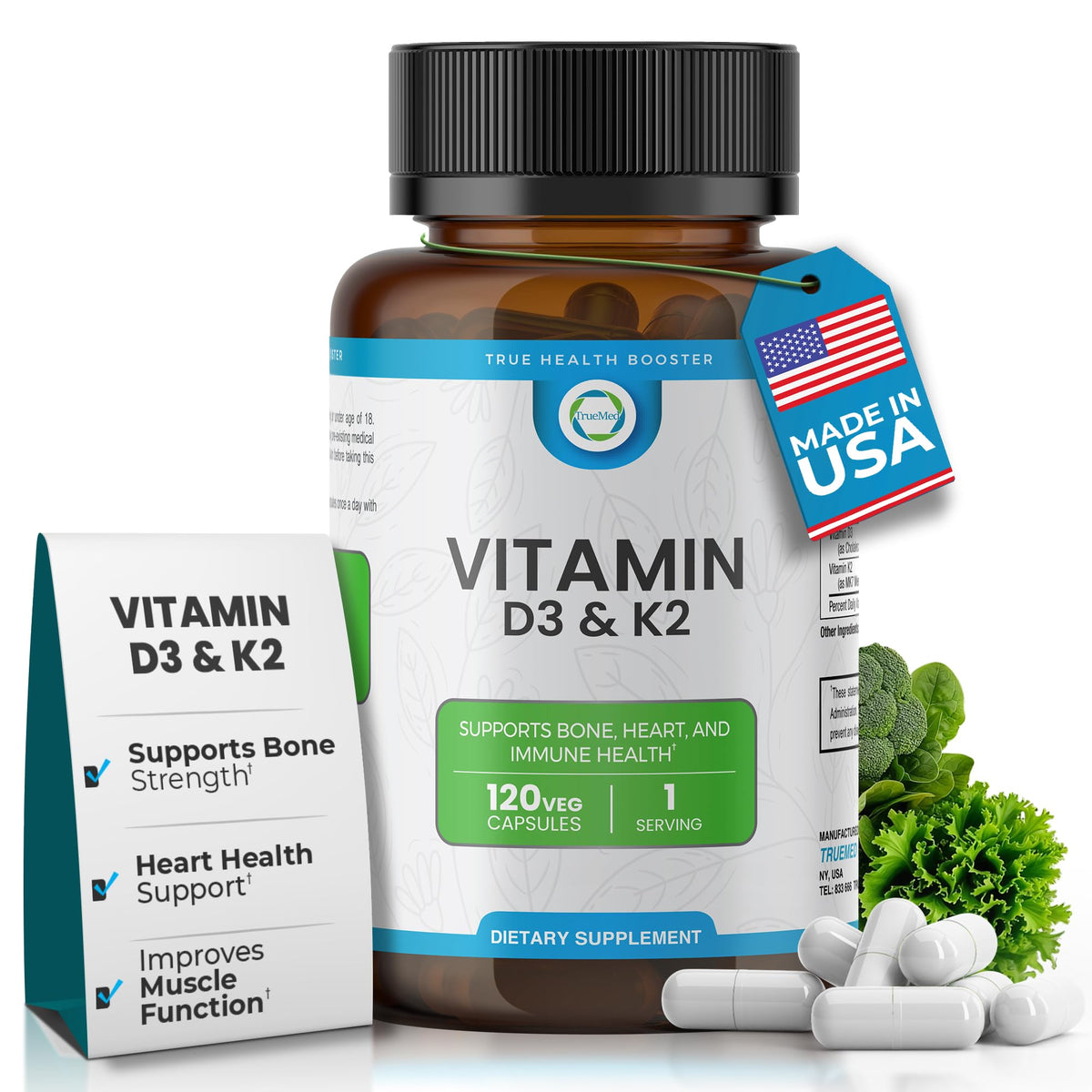 TRUEMED Bouteille D3 K2 5000UI pour soutien des os.