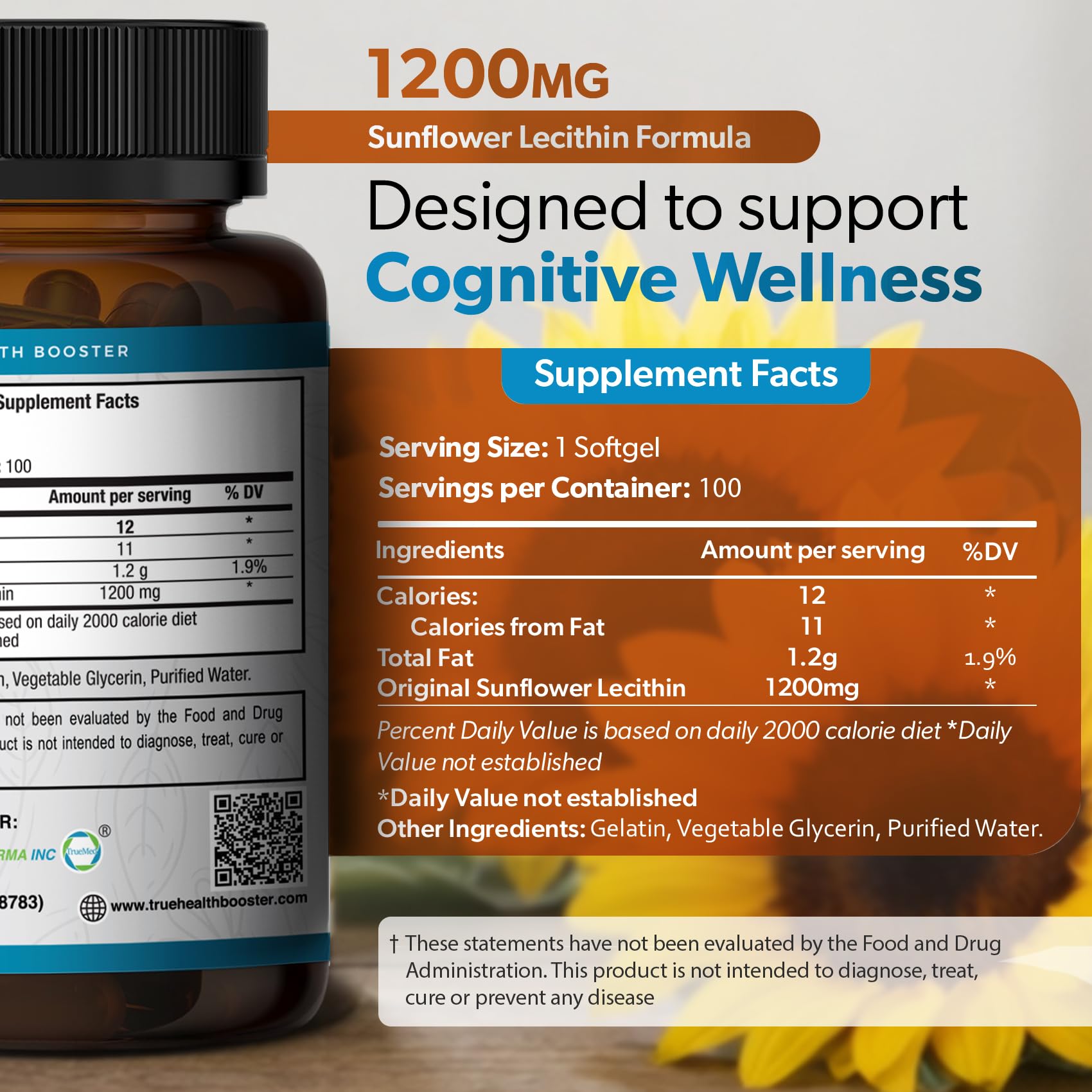 Étiquette TRUEMED Lécithine tournesol 1200 mg, sans soja et sans OGM.