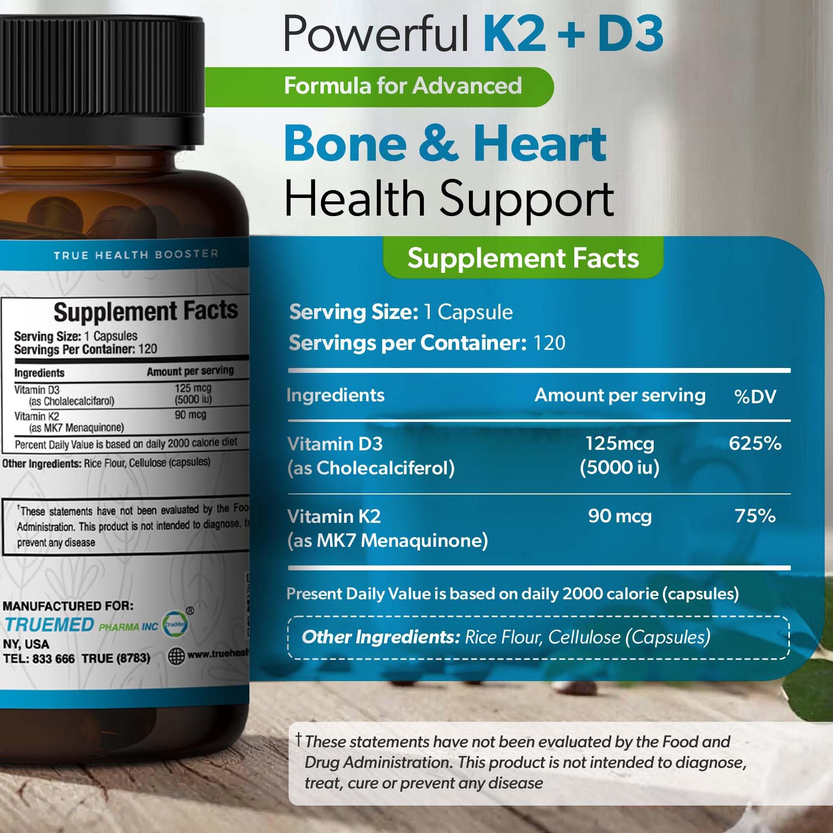 TRUEMED Gélules végétales D3 K2 120 pour absorption du calcium.