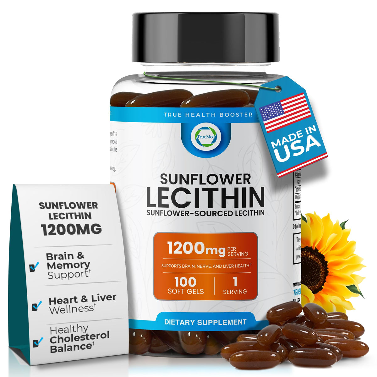 Gélules TRUEMED Lécithine tournesol 1200 mg, soutien cognitif potentiel.