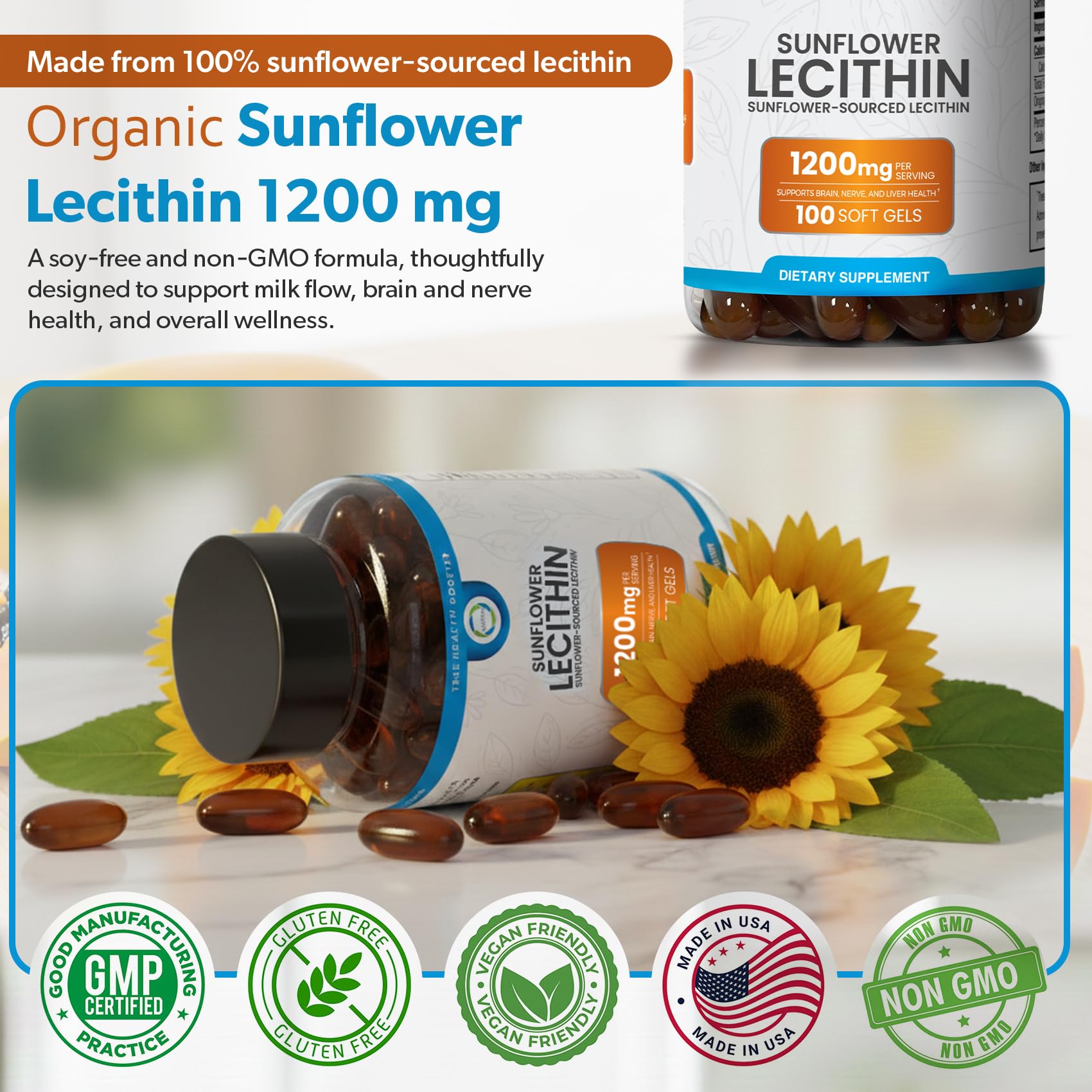 Vue d’ensemble du flacon TRUEMED Lécithine tournesol 1200 mg.