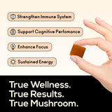 Gomme TrueMushroom immunité, gros plan sur la texture et la saveur mangue-gingembre.