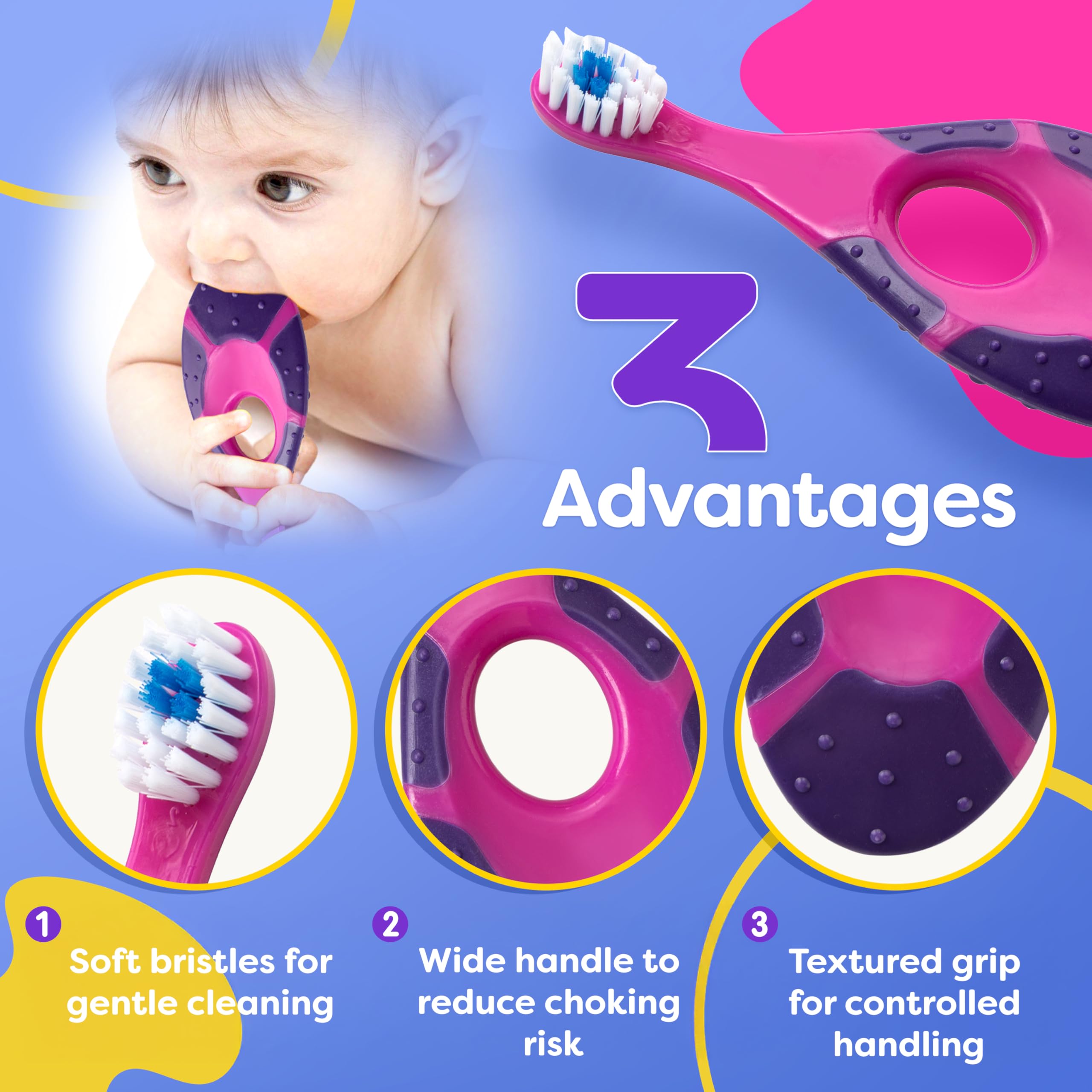 Brosse bébé Trueocity rose et violette, manche ergonomique pour une prise en main facile.