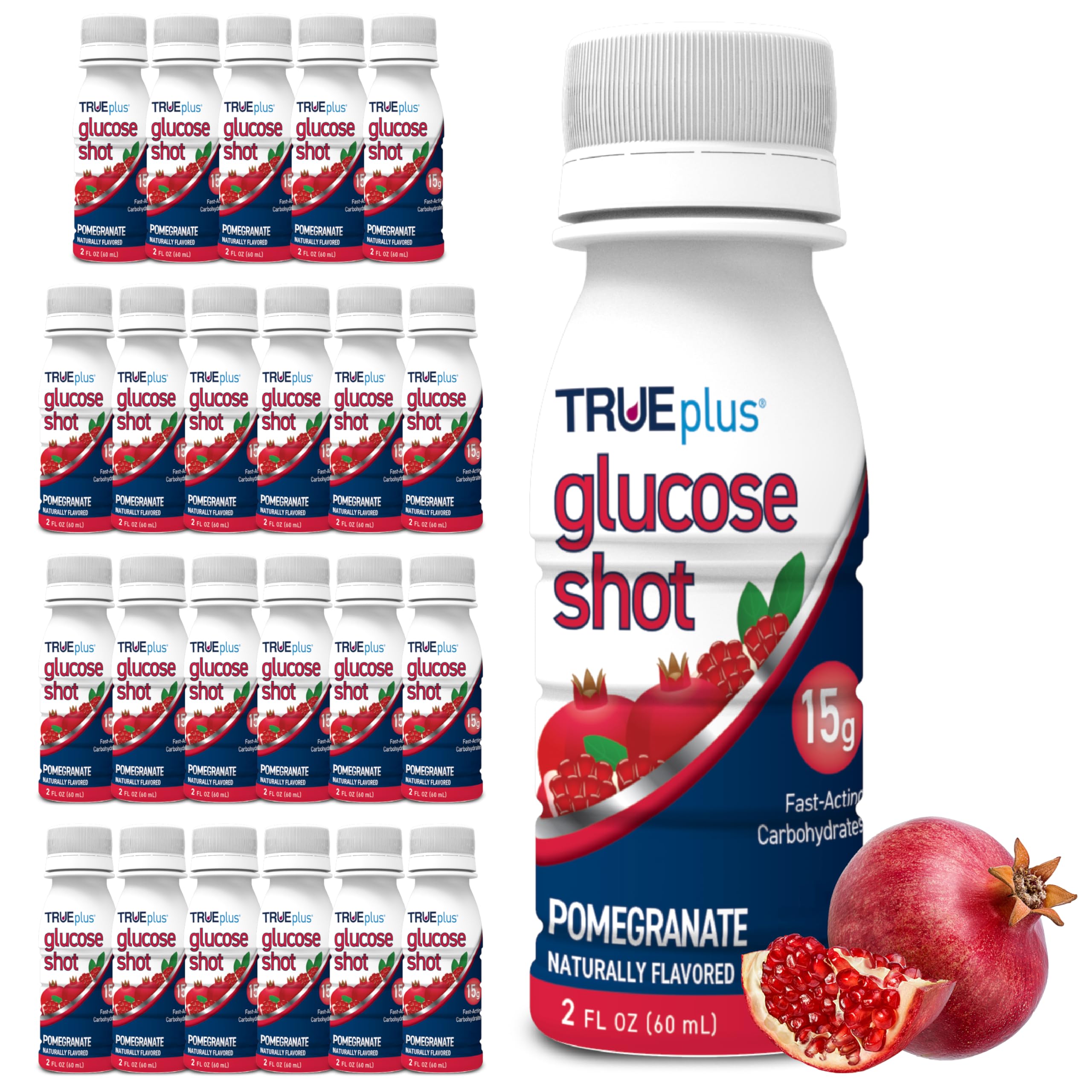 TRUEplus Glucose Shots - bouteille grenade ouverte, accès rapide à l'énergie.