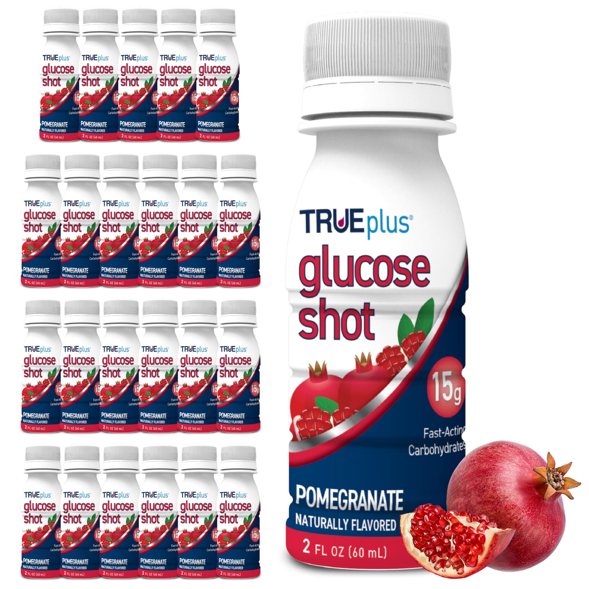 TRUEplus Glucose Shots - bouteille grenade ouverte, accès rapide à l'énergie.